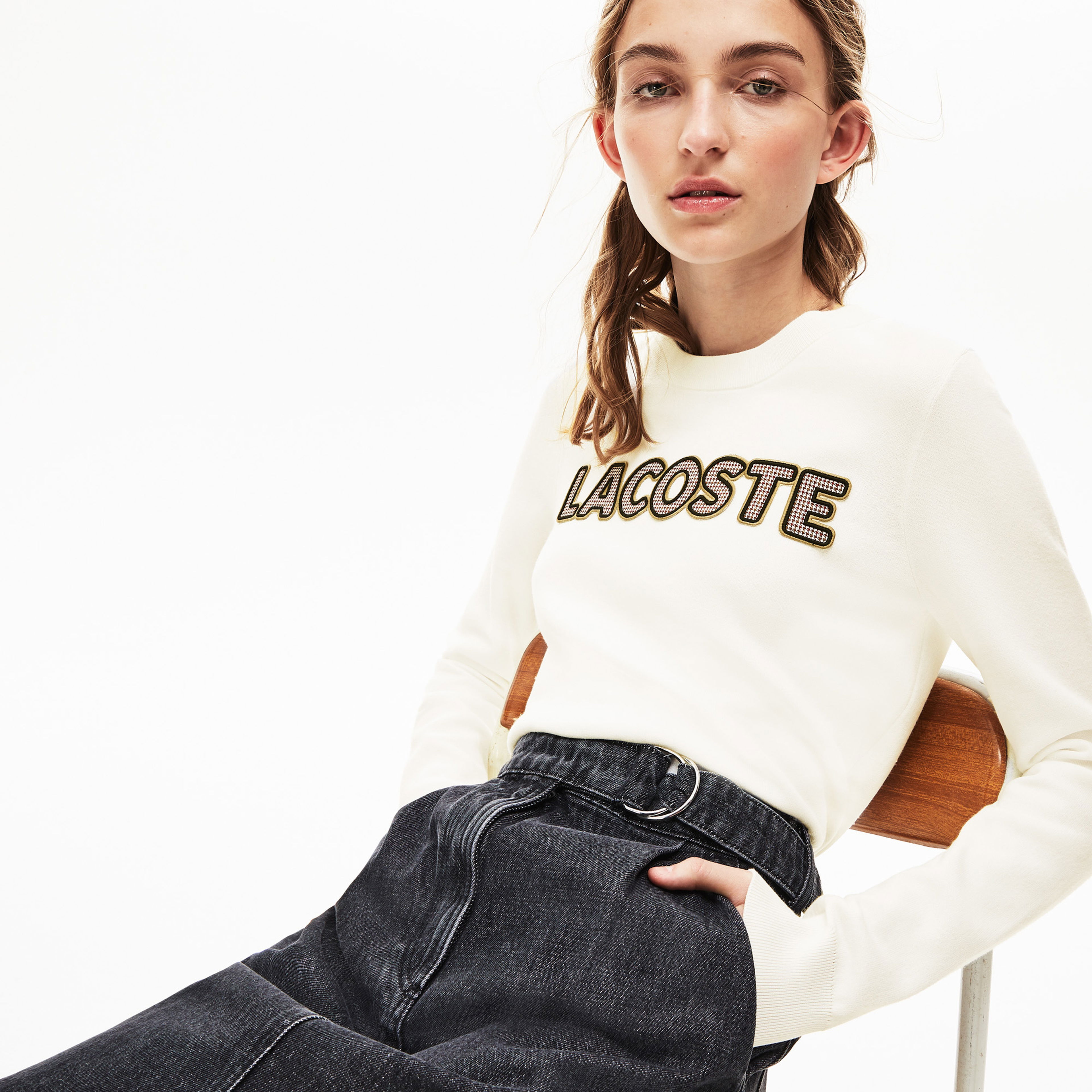 Lacoste Baskılı Bisiklet Yaka Kadın Bej Triko