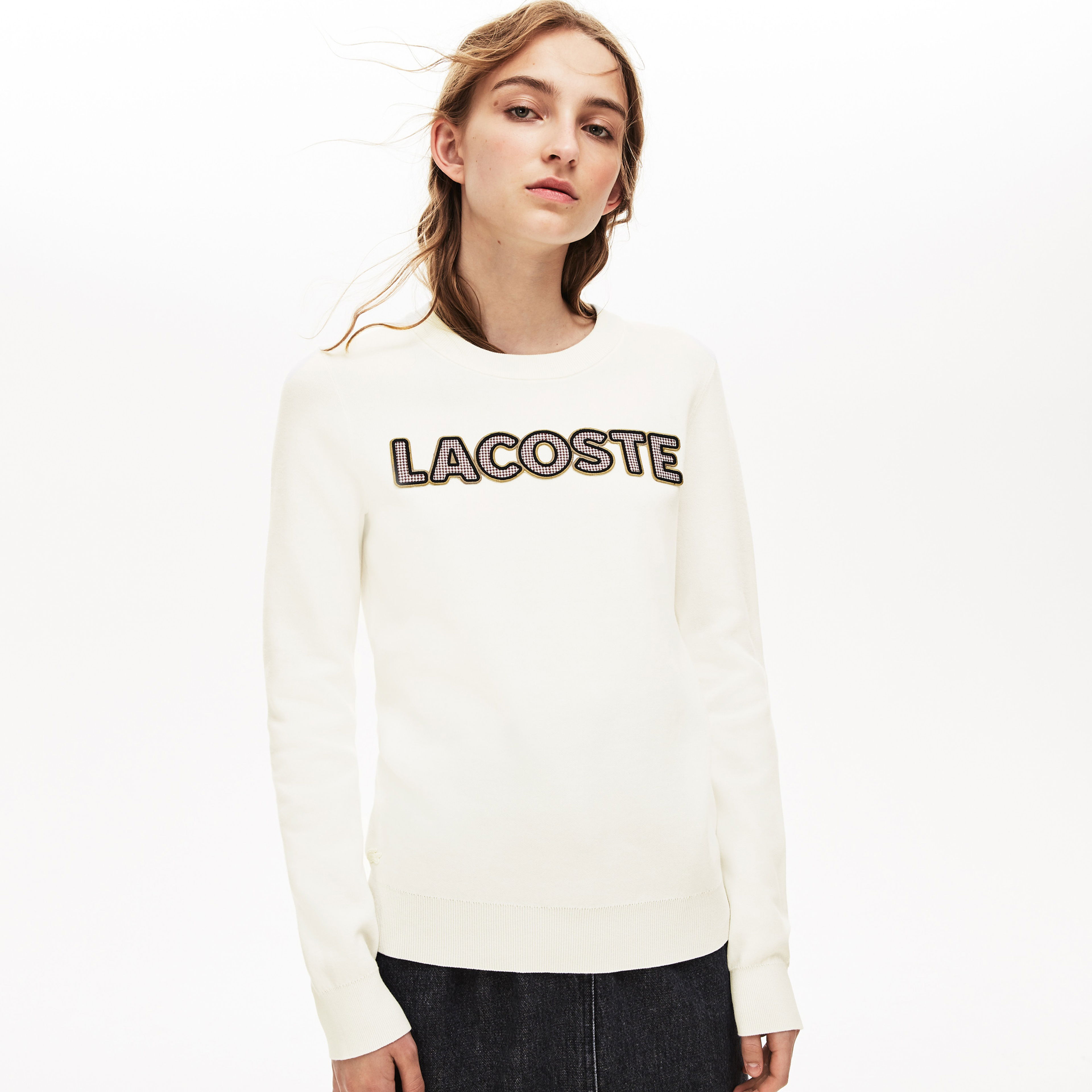 Lacoste Baskılı Bisiklet Yaka Kadın Bej Triko