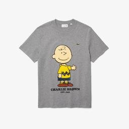 Lacoste x Peanuts Erkek Regular Fit Uzun Kollu Bisiklet Yaka Baskılı Gri T-Shirt