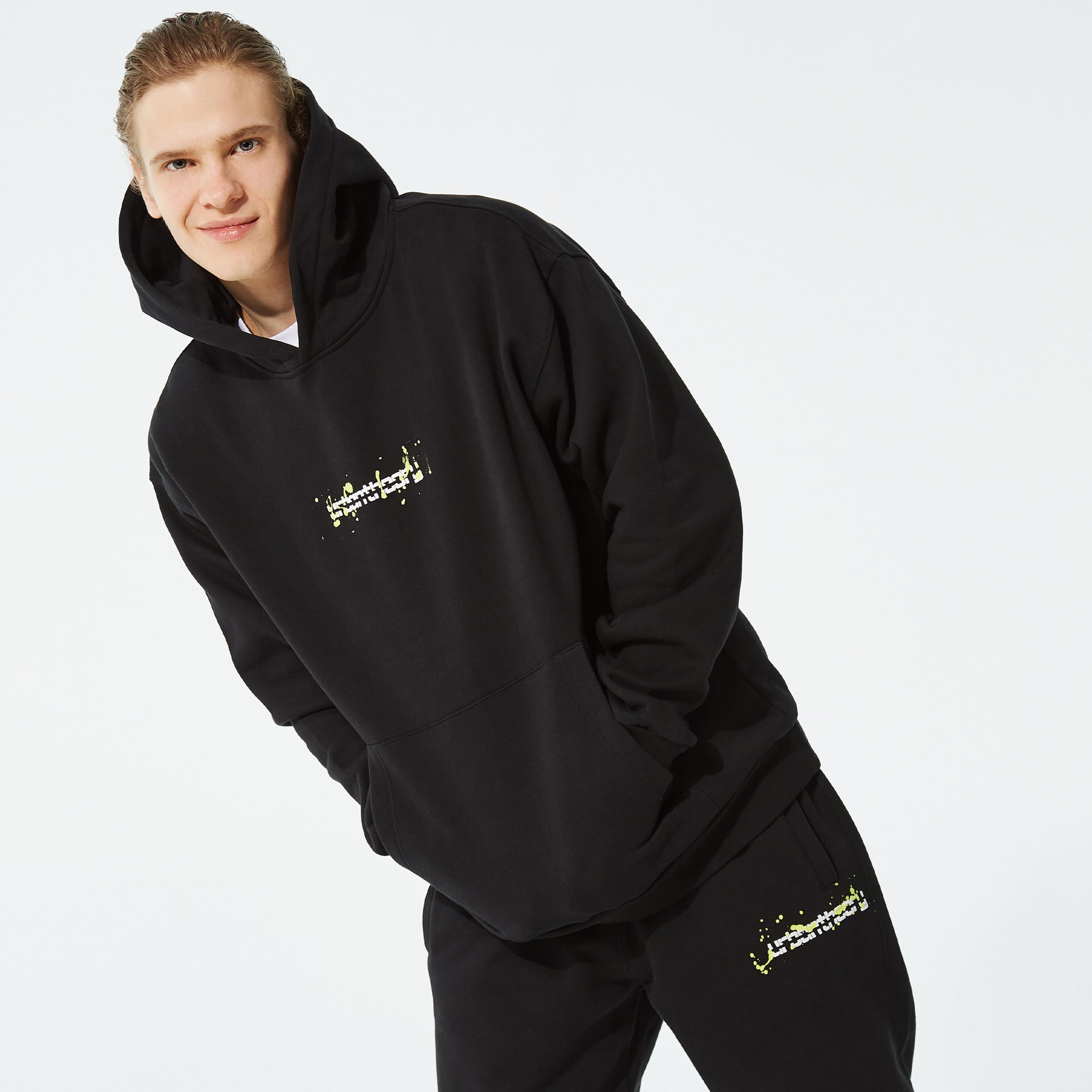 Urban Theory Essentials Baskılı Lime Splash Erkek Siyah Sweatshirt