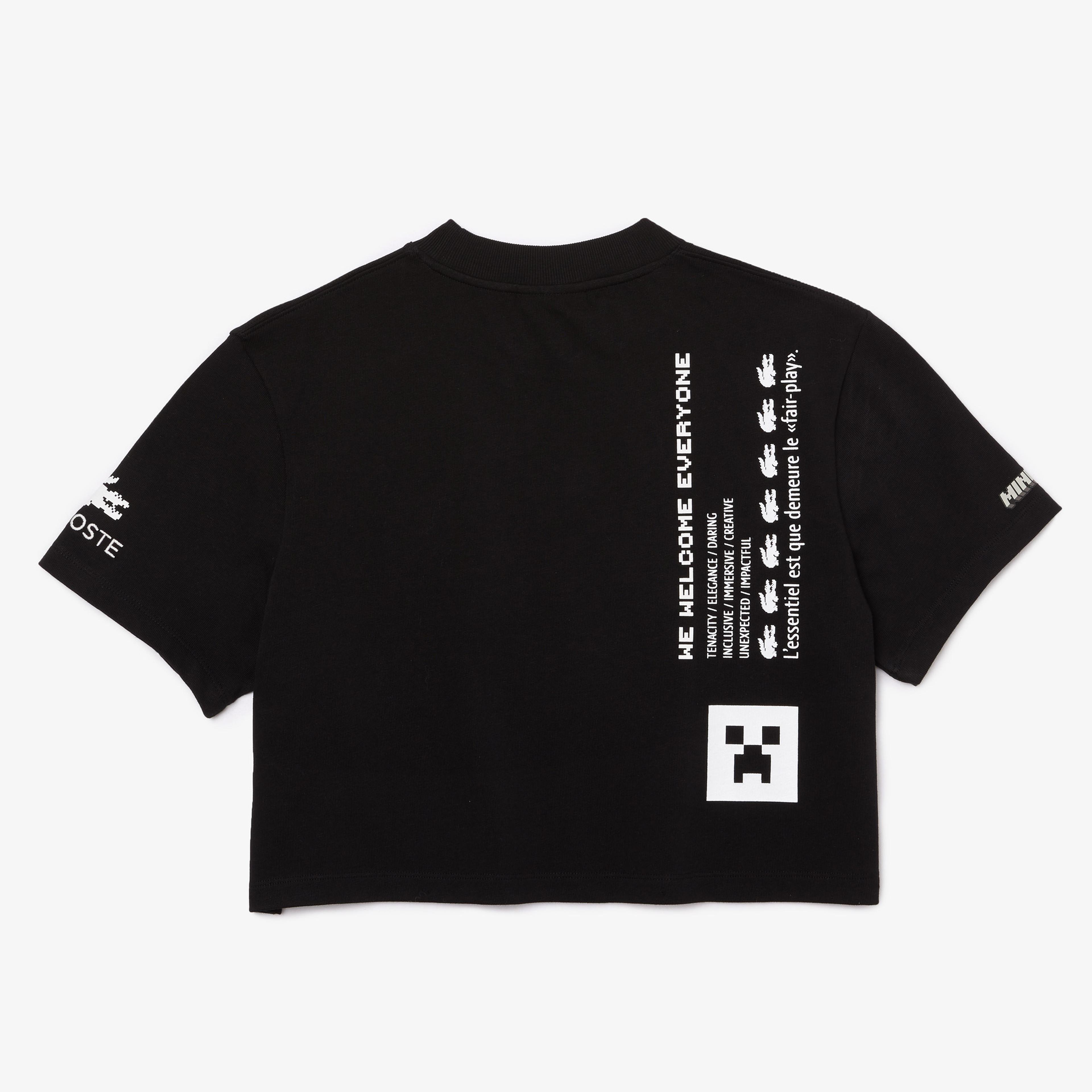 Lacoste X Minecraft Kadın Regular Fit Bisiklet Yaka Baskılı Siyah T-Shirt