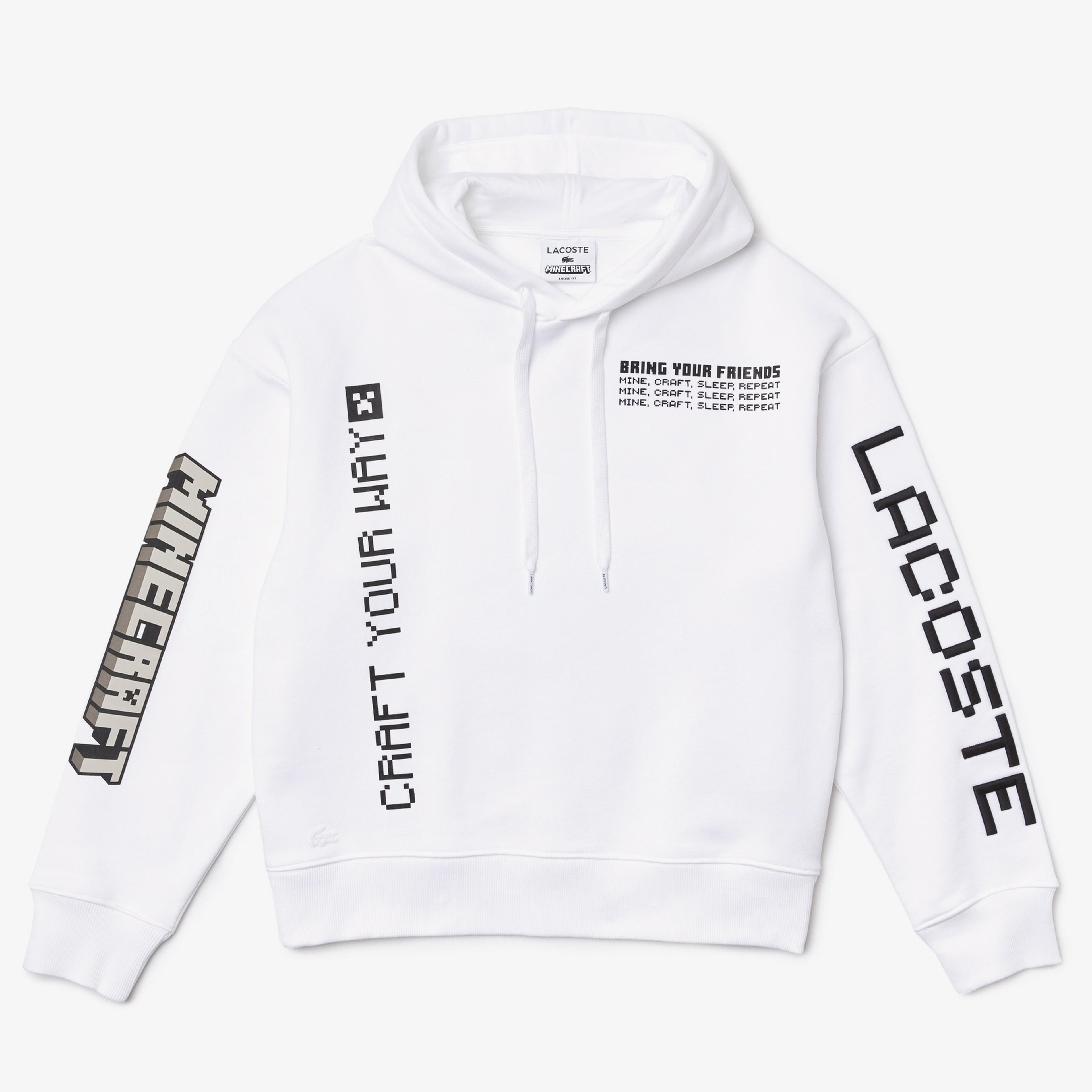 Lacoste X Minecraft Erkek Relaxed Fit Kapüşonlu Baskılı Beyaz Sweatshirt