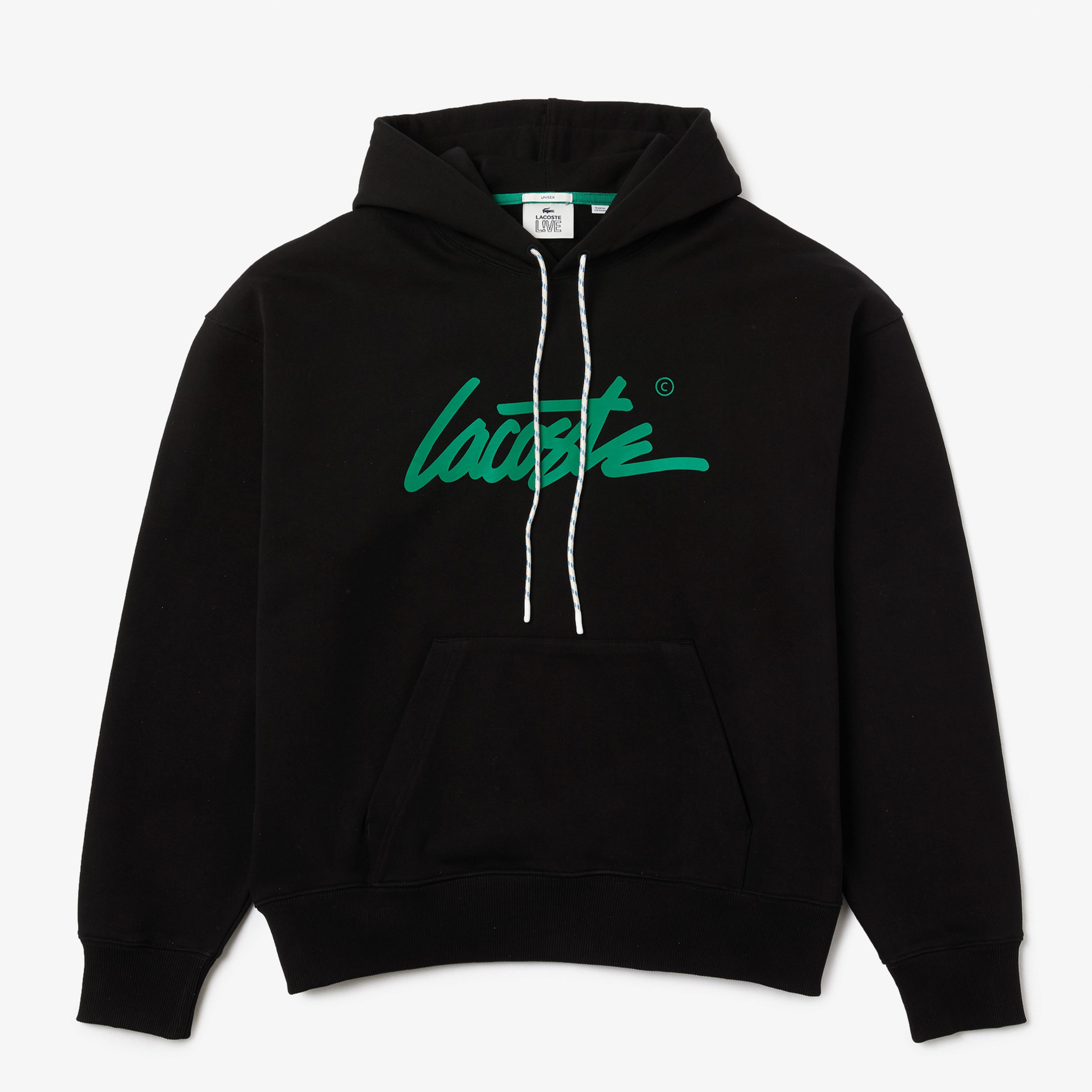 Lacoste L!VE Erkek Relaxed Fit Kapüşonlu Baskılı Siyah Sweatshirt