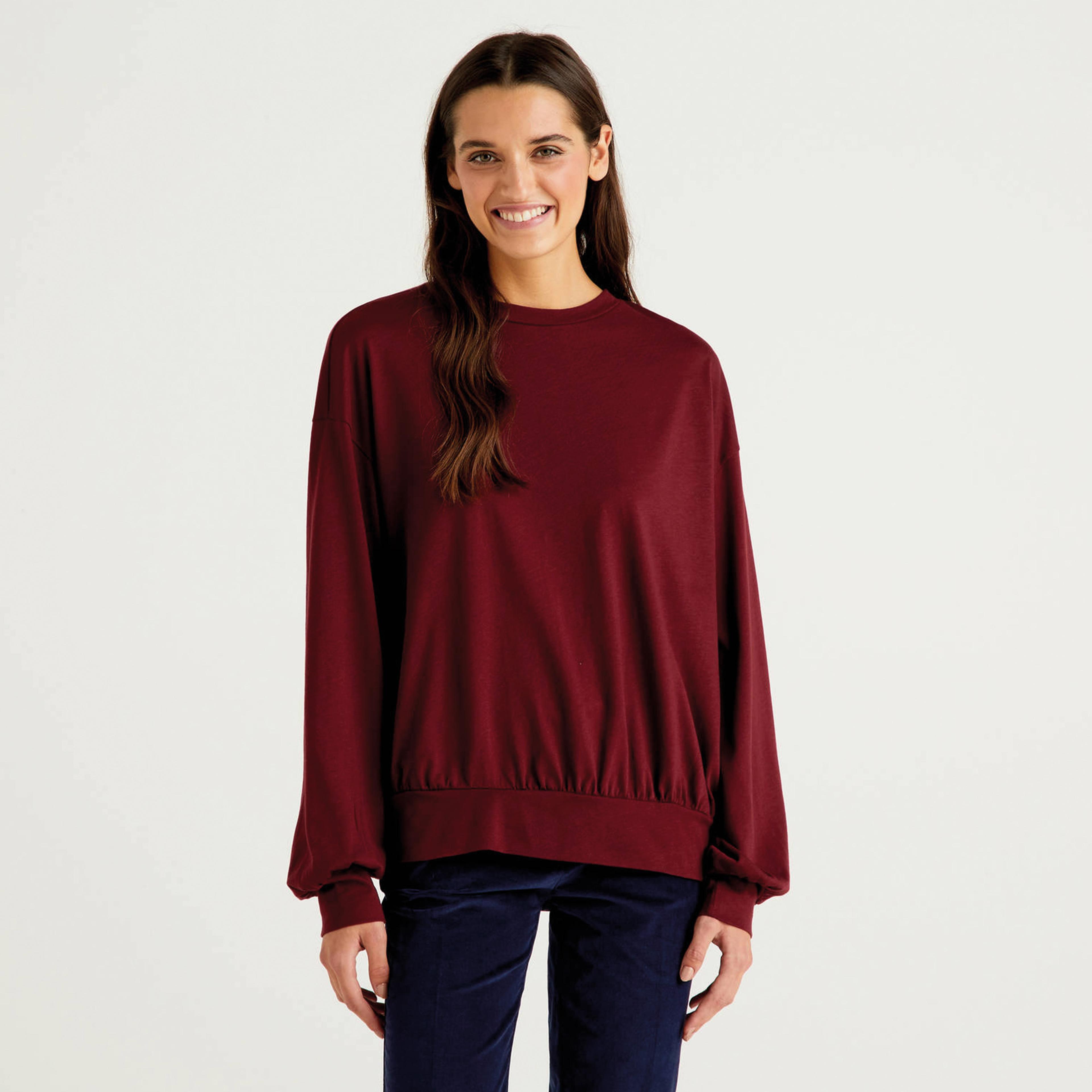 Benetton Dik Yaka Kadın Bordo Balon Kollu T-Shirt