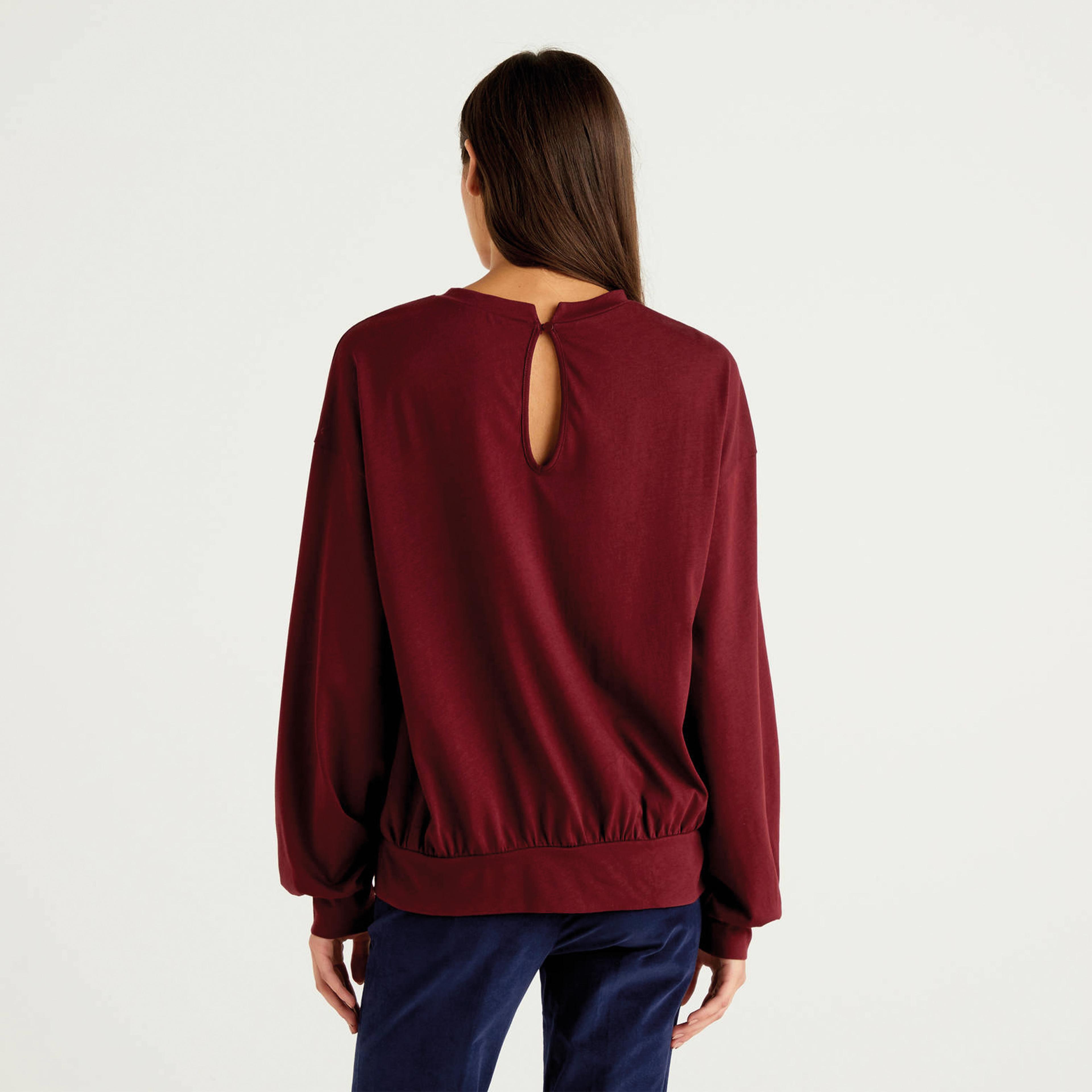 Benetton Dik Yaka Kadın Bordo Balon Kollu T-Shirt