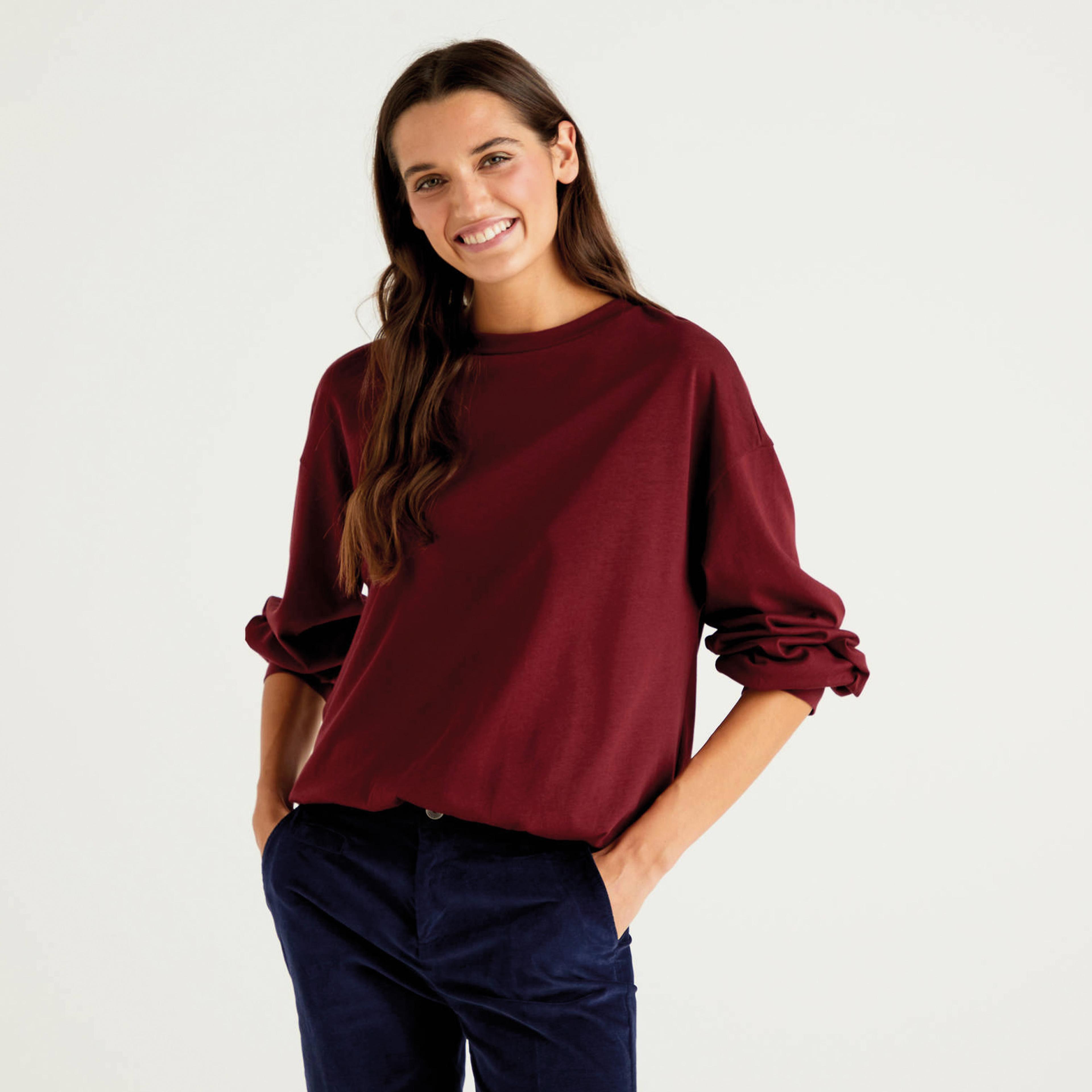Benetton Dik Yaka Kadın Bordo Balon Kollu T-Shirt