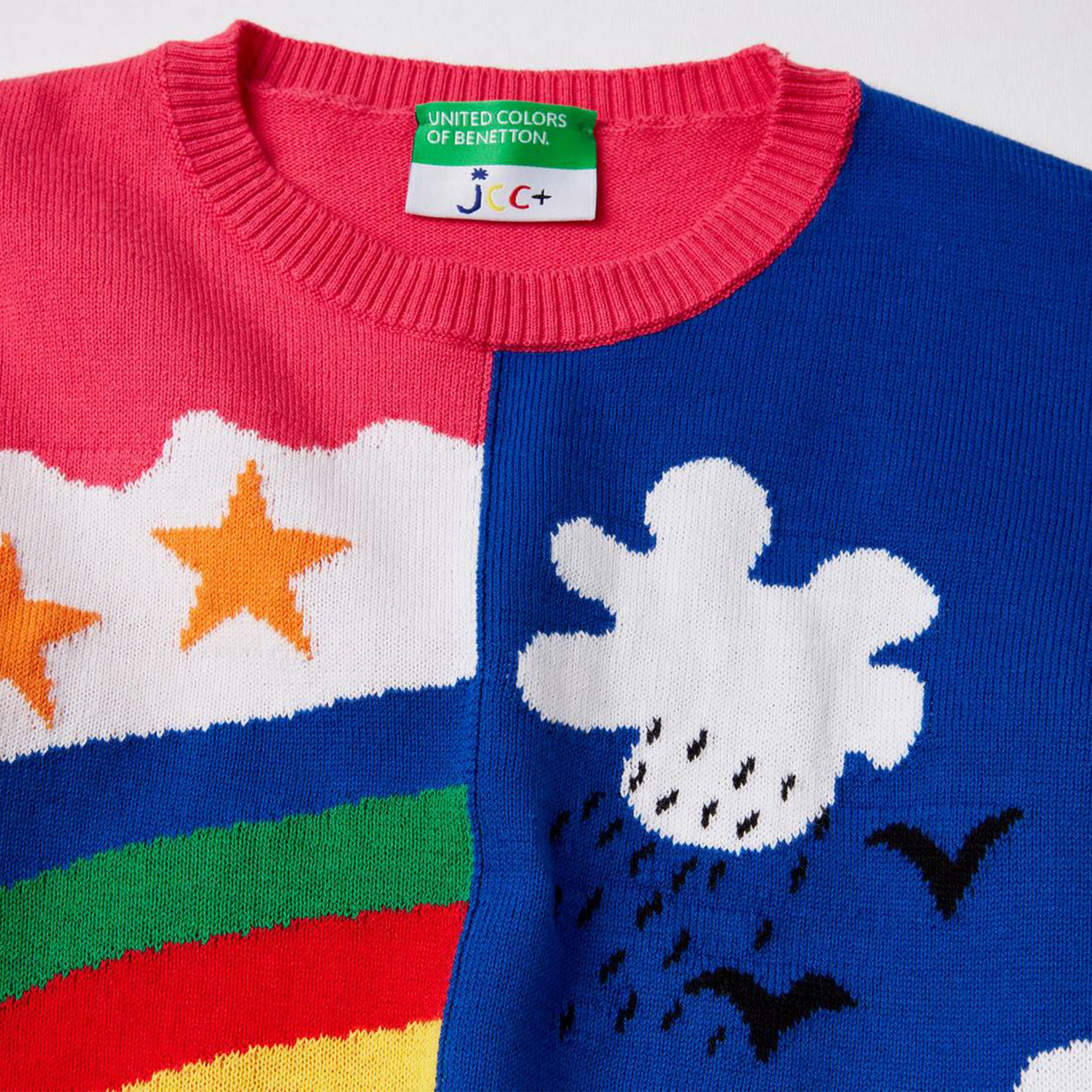 Benetton JCCxUCB Renkli Jakarlı Çocuk Beyaz Triko Kazak