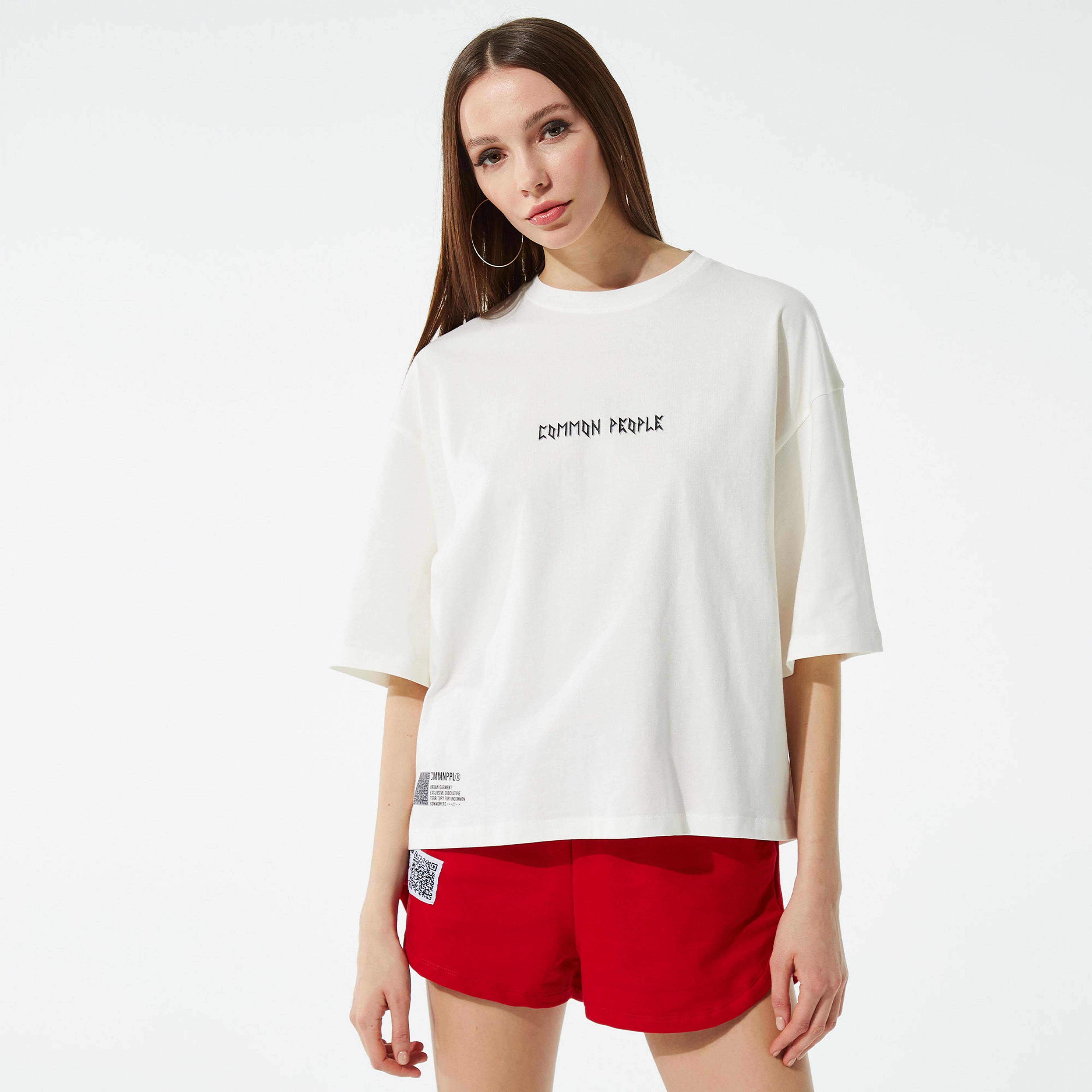 Common People Oversize Unisex Beyaz Crop T-Shirt