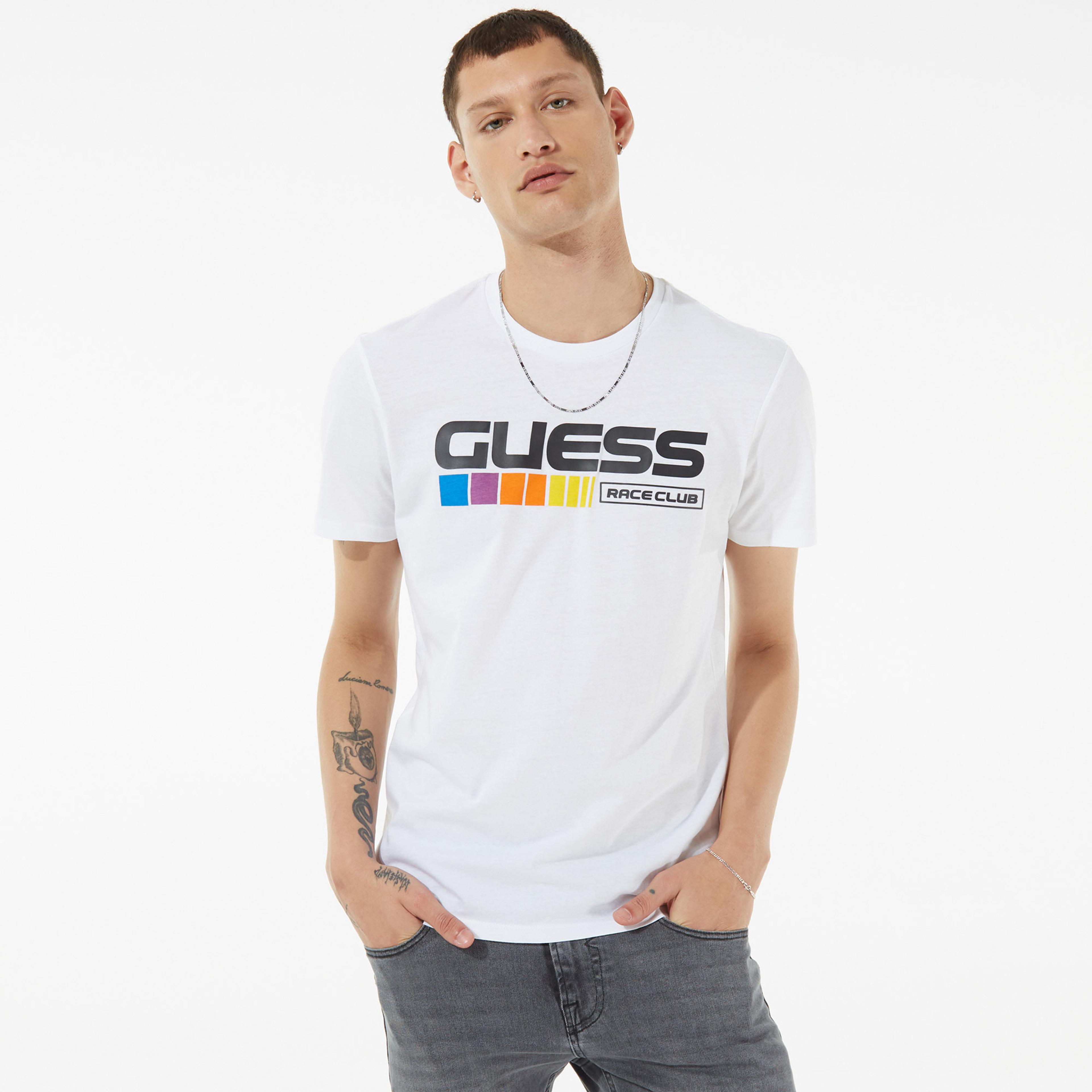 Guess Club Logo Erkek Beyaz T-Shirt