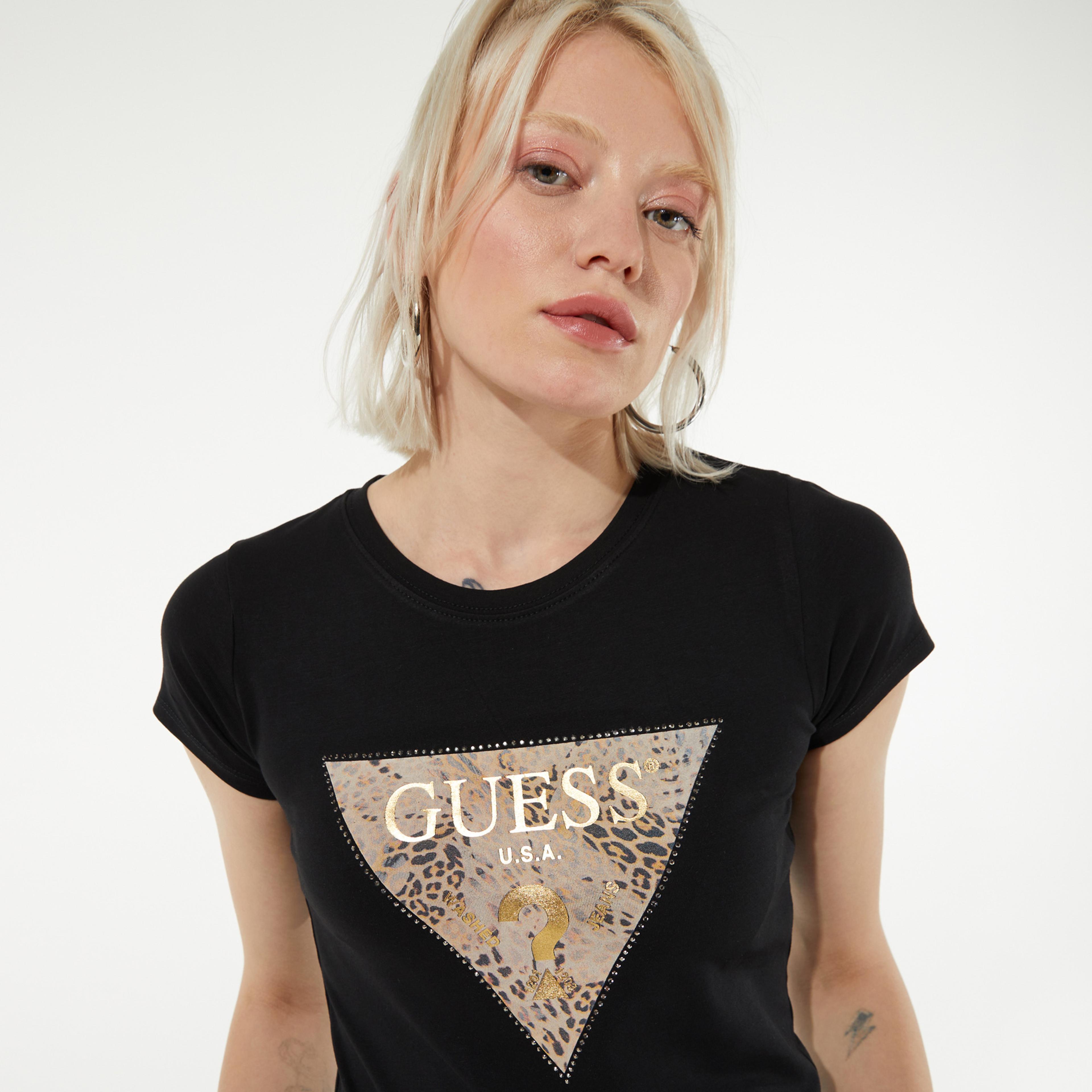 Guess Ghost Leopard Logo R3 Kadın Siyah T-Shirt
