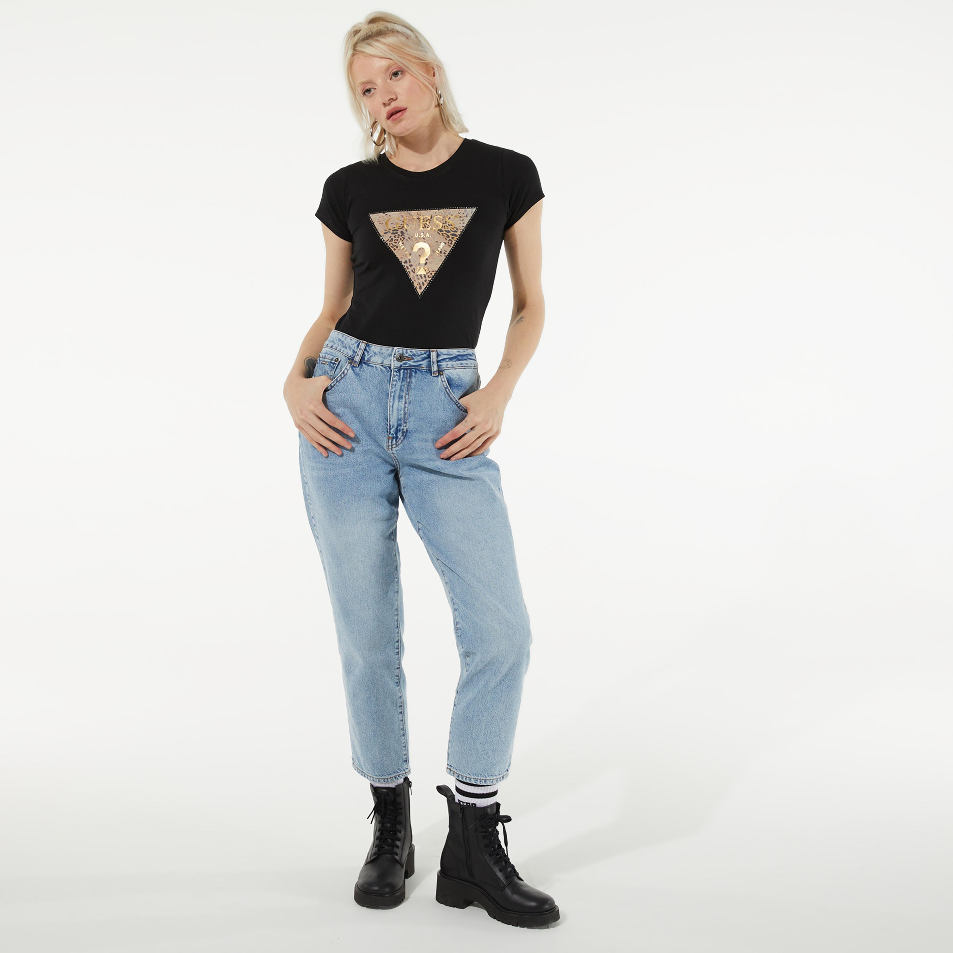 Guess Ghost Leopard Logo R3 Kadın Siyah T-Shirt