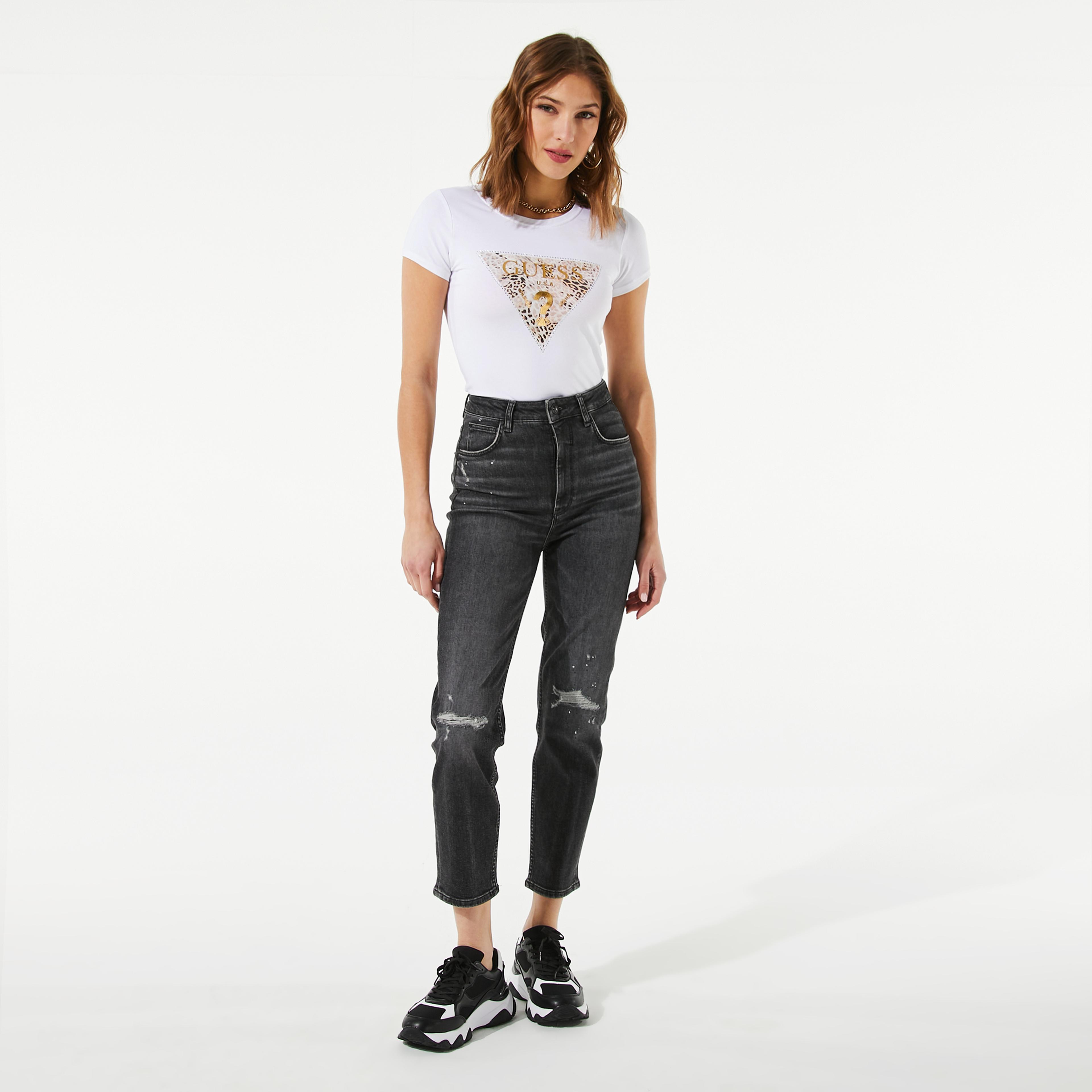 Guess Ghost Leopard Logo R3 Kadın Beyaz T-Shirt