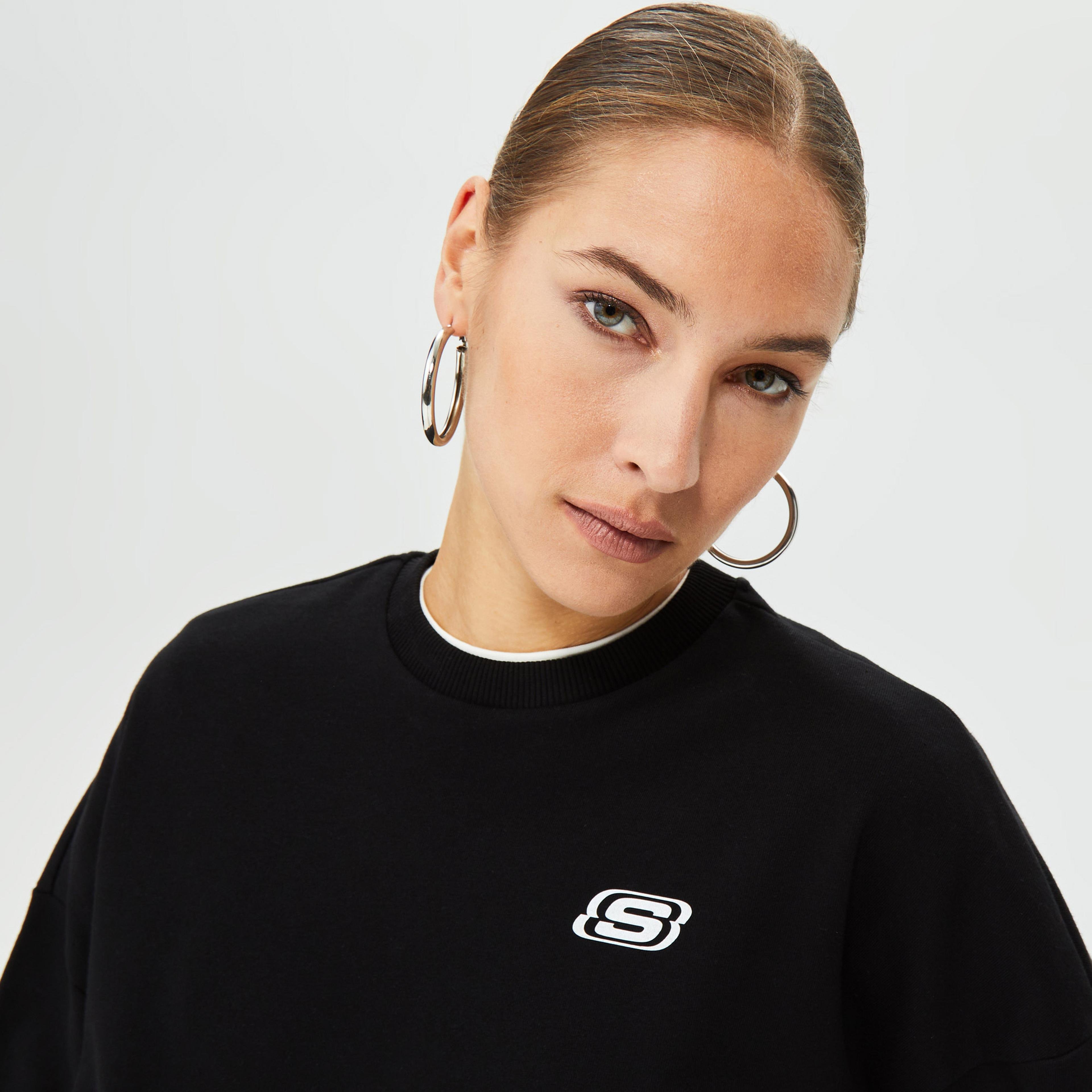 Skechers Terry Fleece Logo Print Kadın Siyah Sweatshirt