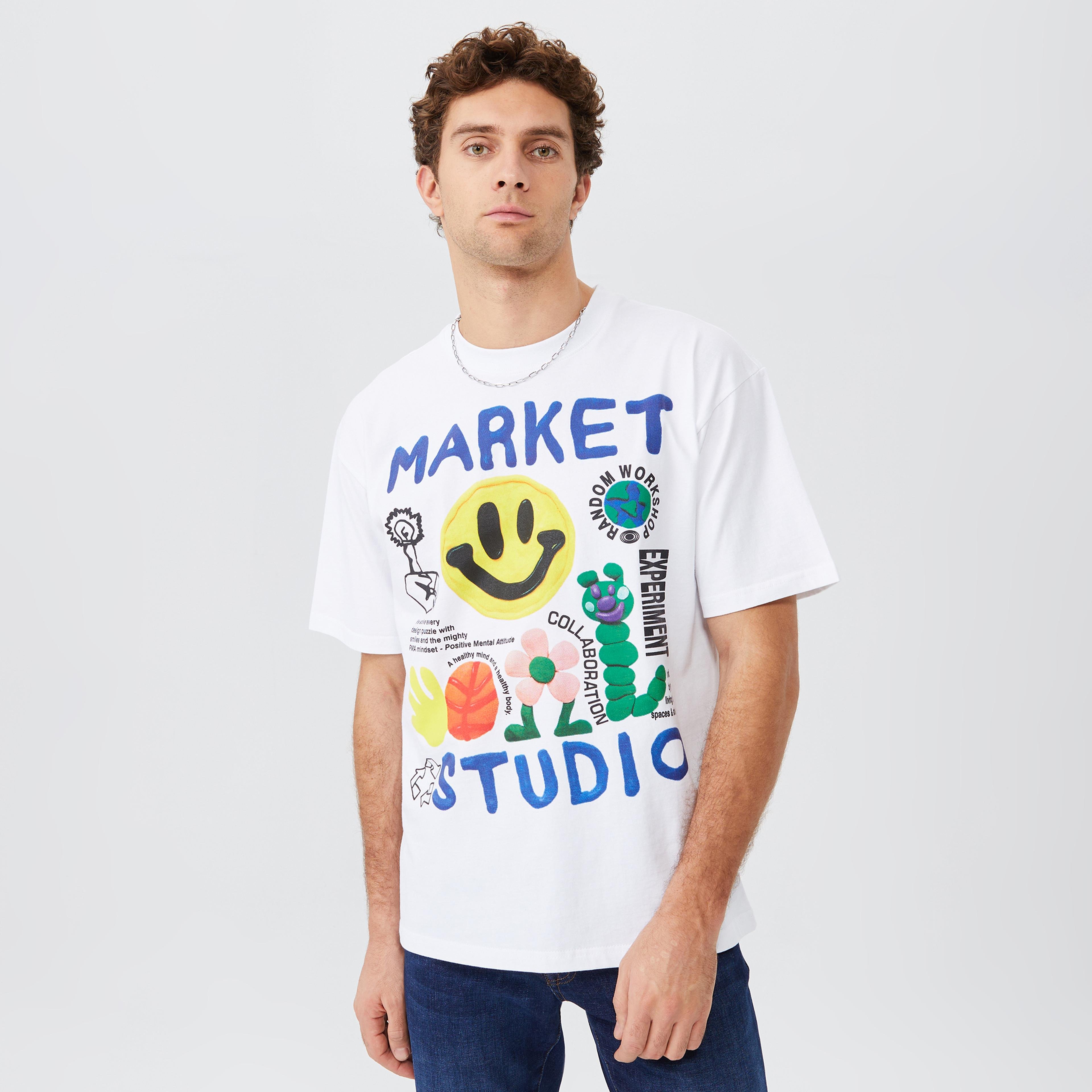 Market Smiley Collage Erkek Beyaz T-Shirt