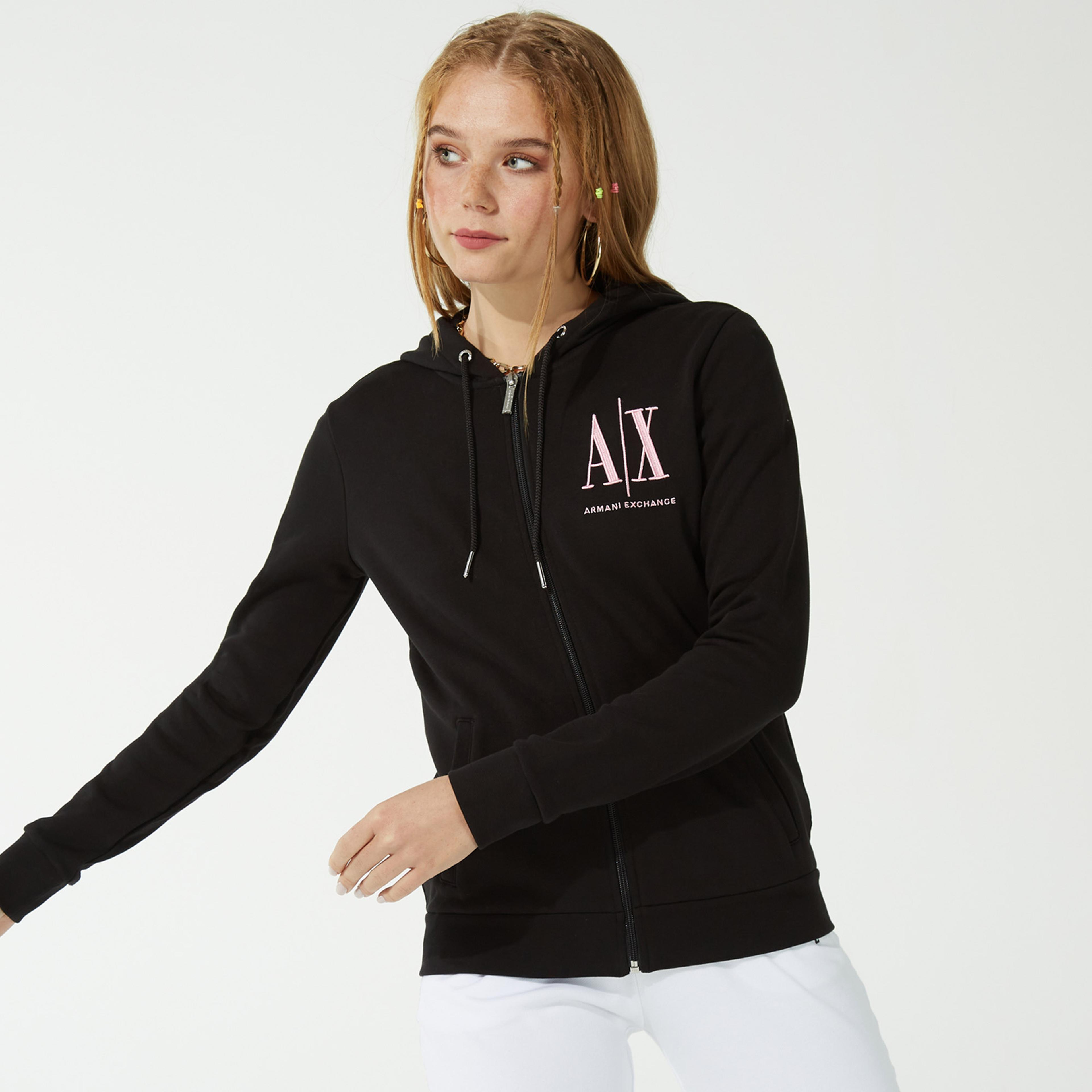 Armani Exchange Baskılı Kadın Siyah Fermuarlı Sweatshirt
