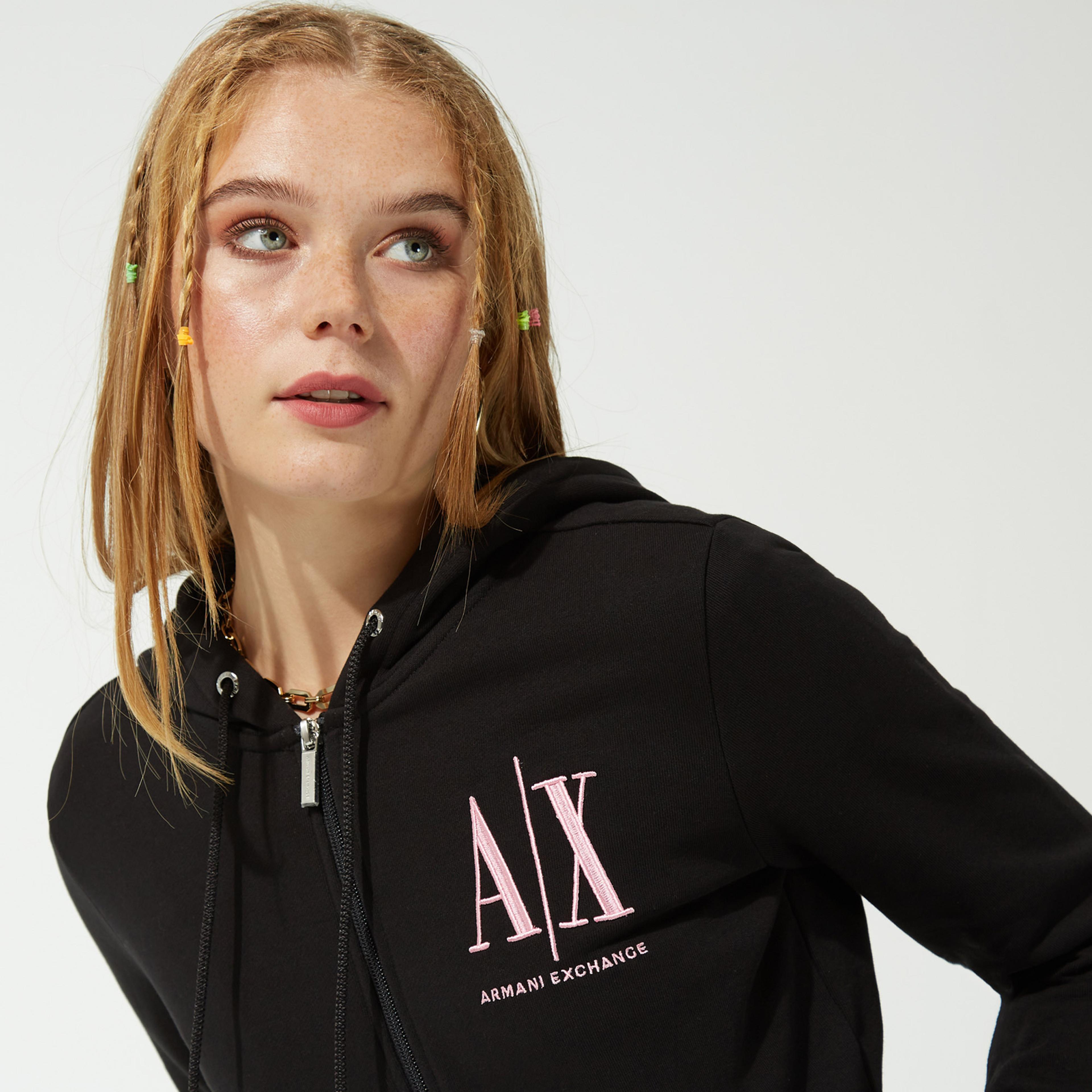 Armani Exchange Baskılı Kadın Siyah Fermuarlı Sweatshirt