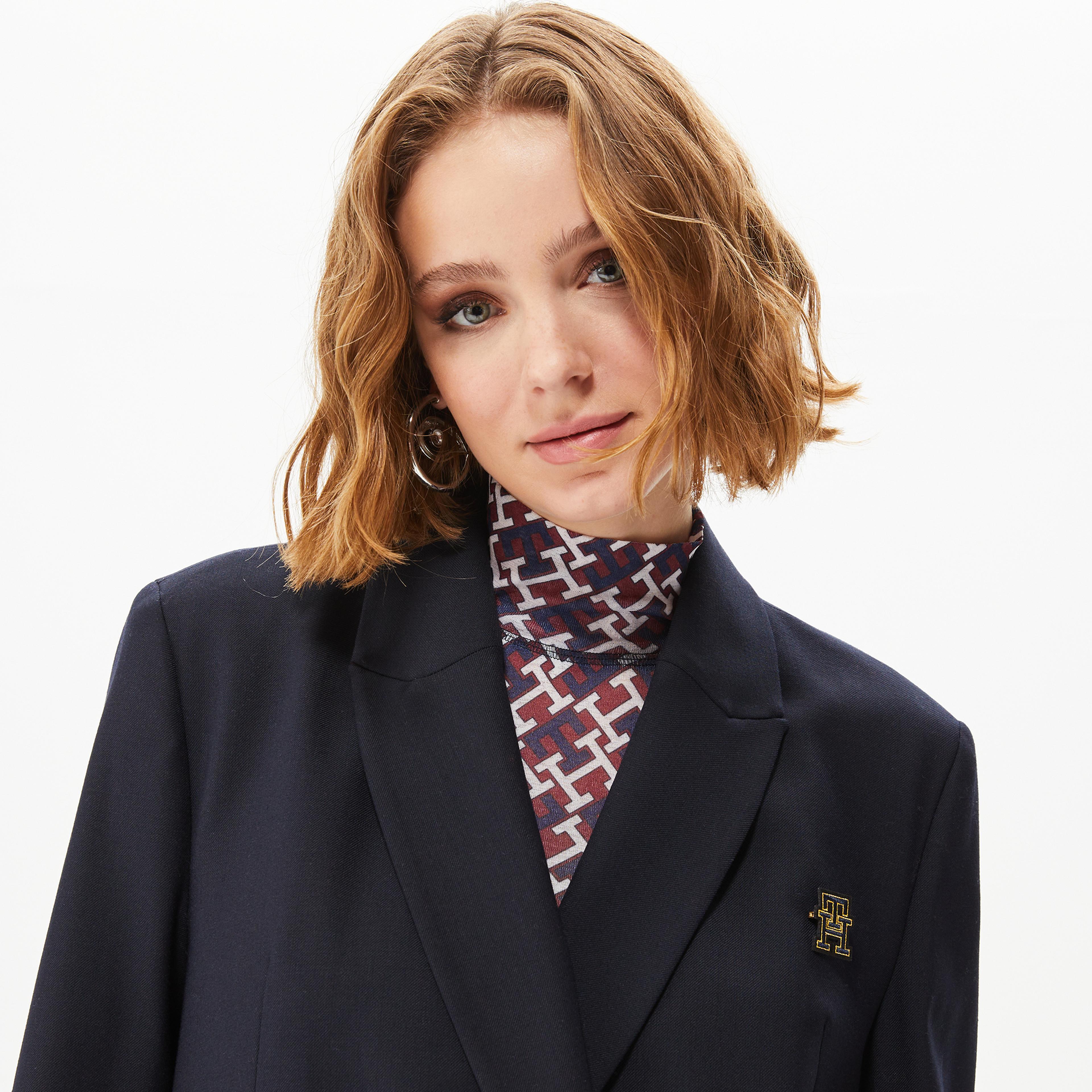 Tommy Hilfiger Wool Blend Crest Kadın Mavi Blazer Ceket