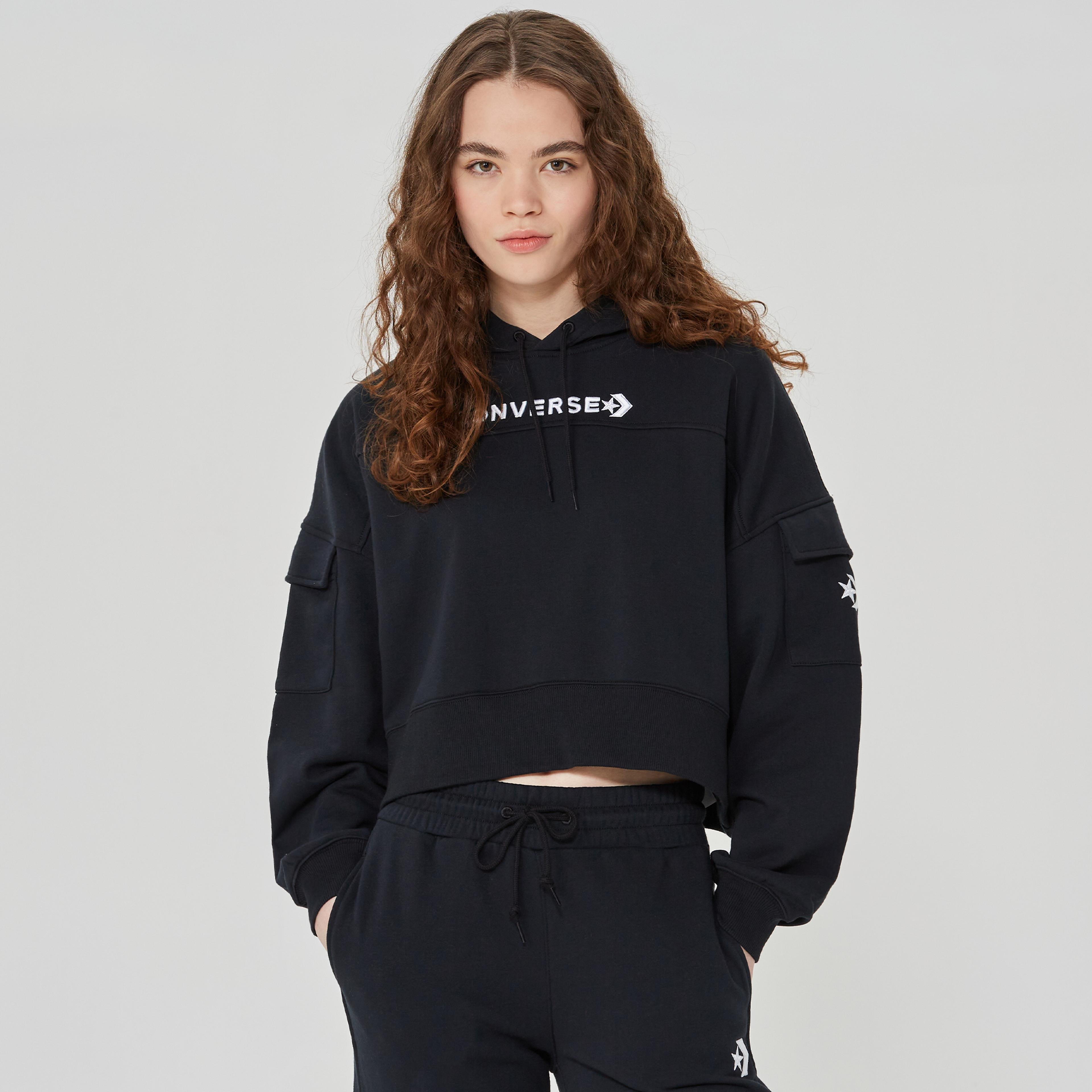 Converse Fashion Crop Kadın Siyah Hoodie Sweatshirt