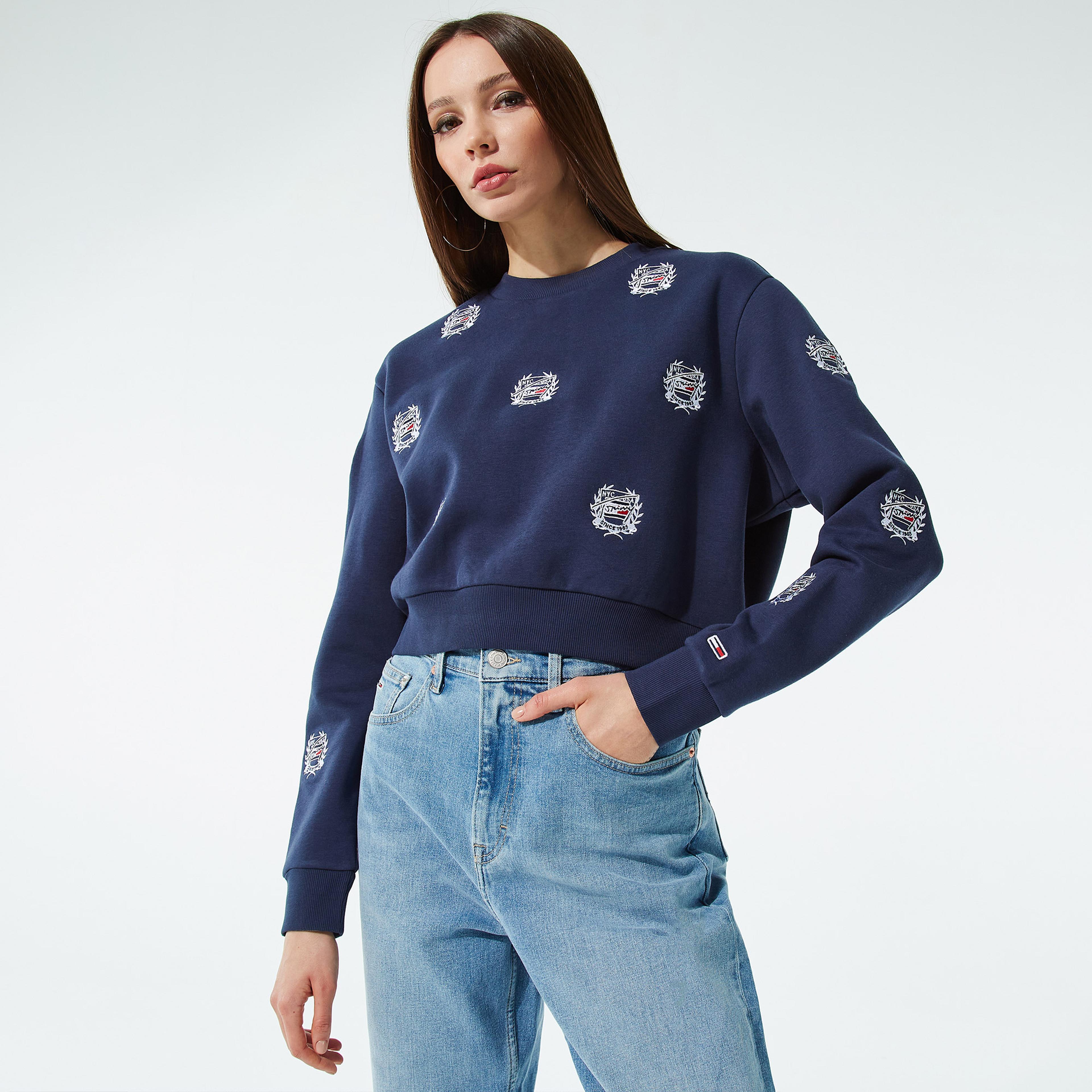 Tommy Jeans Kadın Mavi Crop Kazak