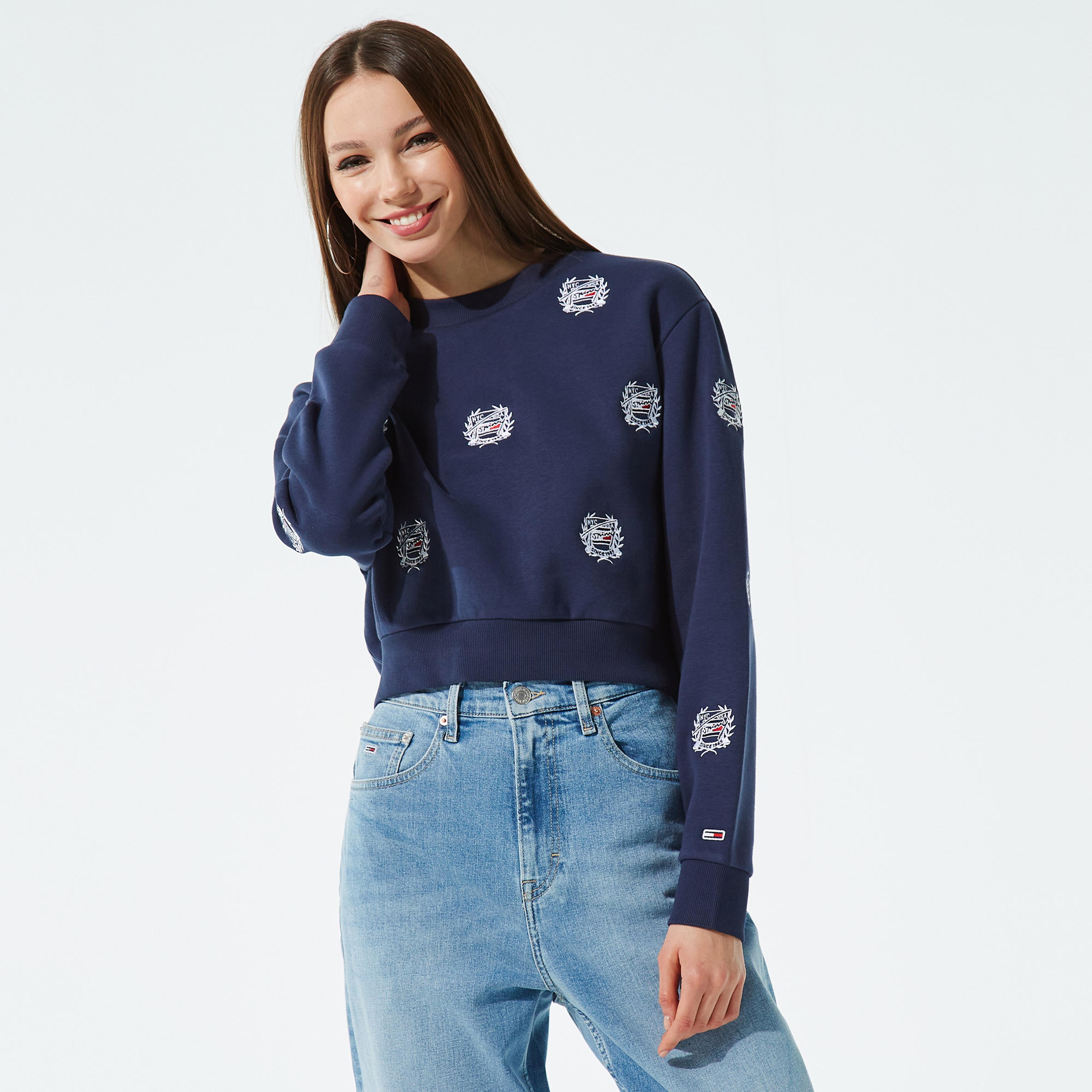 Tommy Jeans Kadın Mavi Crop Kazak