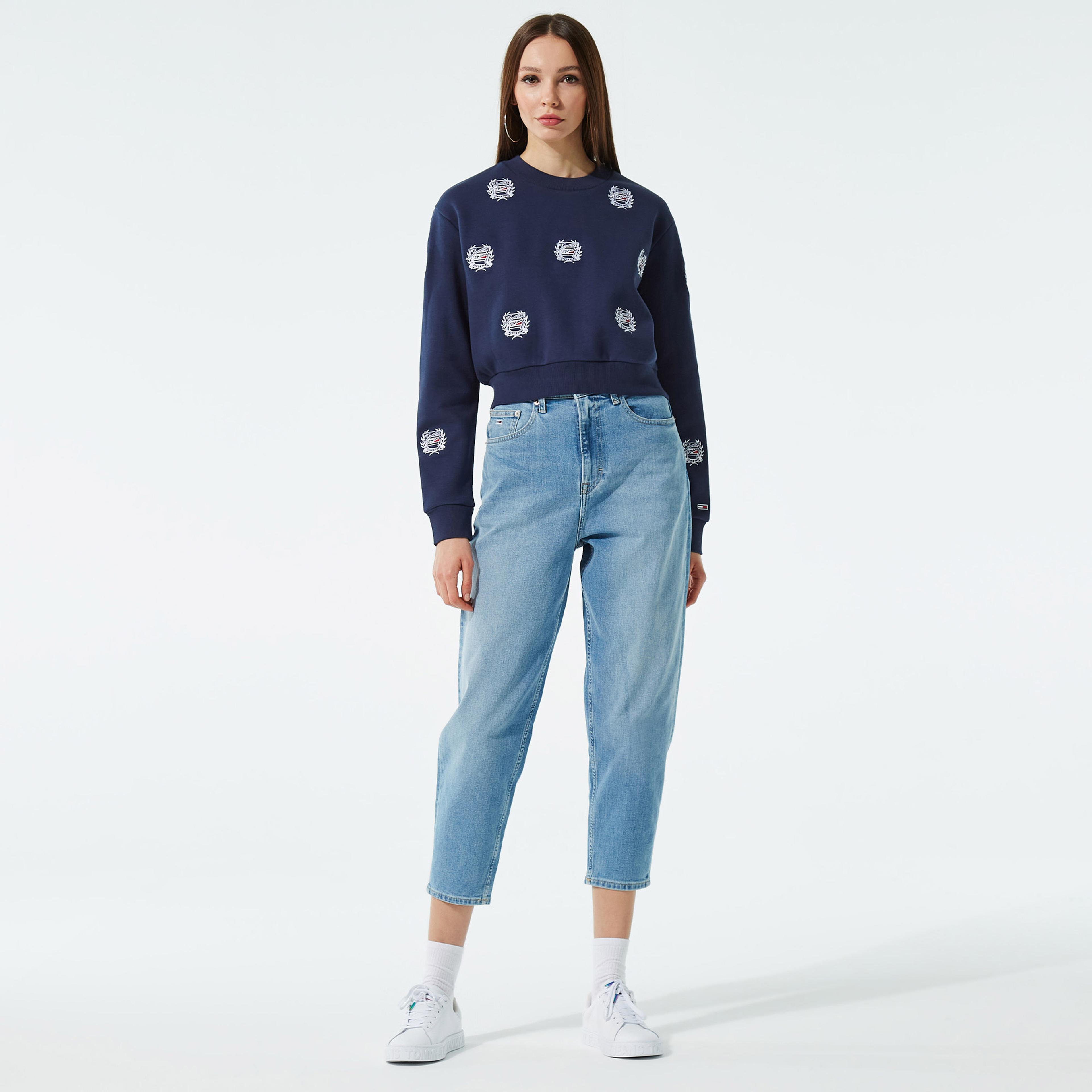 Tommy Jeans Kadın Mavi Crop Kazak