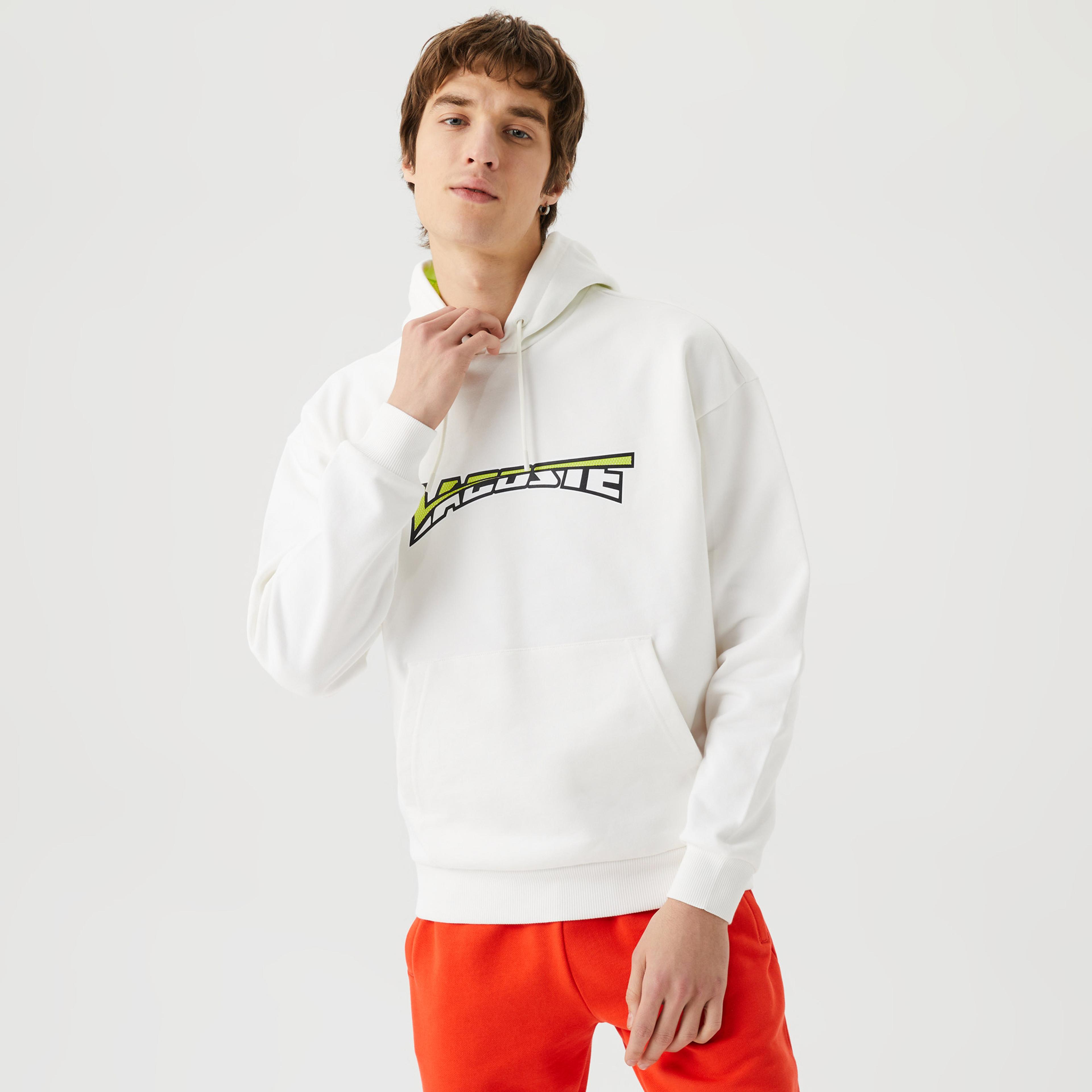 Lacoste Erkek Relaxed Fit Kapüşonlu Baskılı Beyaz Sweatshirt