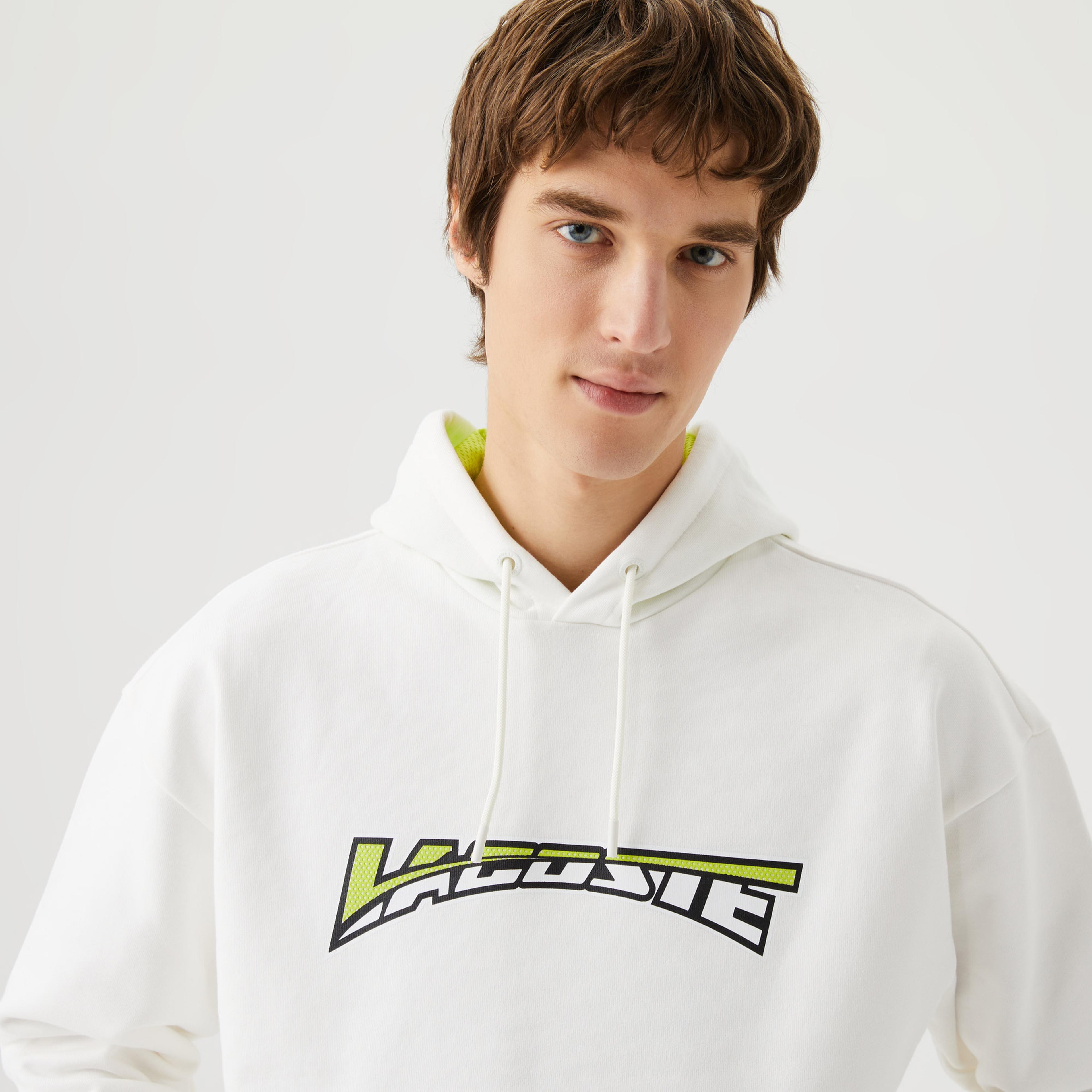 Lacoste Erkek Relaxed Fit Kapüşonlu Baskılı Beyaz Sweatshirt
