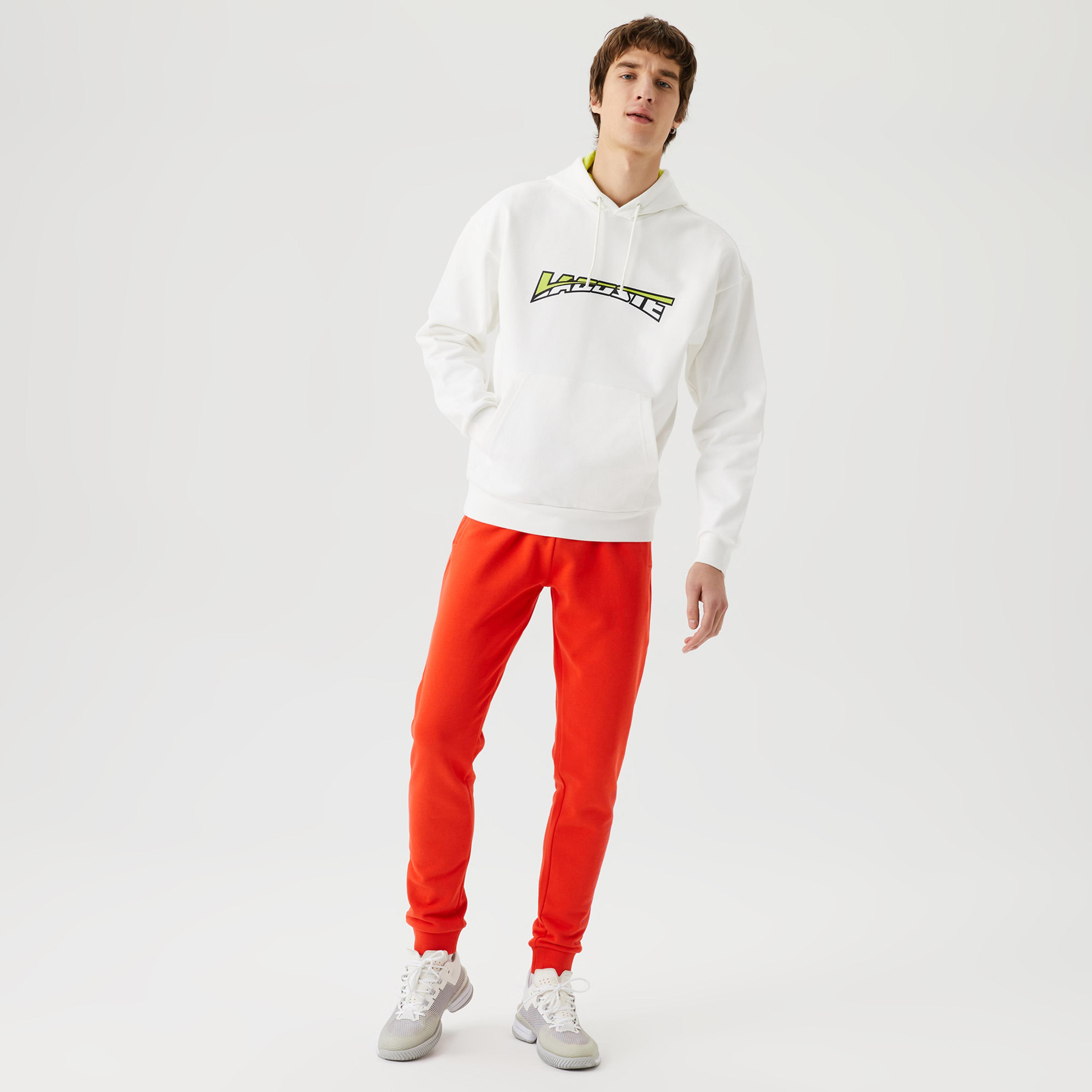 Lacoste Erkek Relaxed Fit Kapüşonlu Baskılı Beyaz Sweatshirt