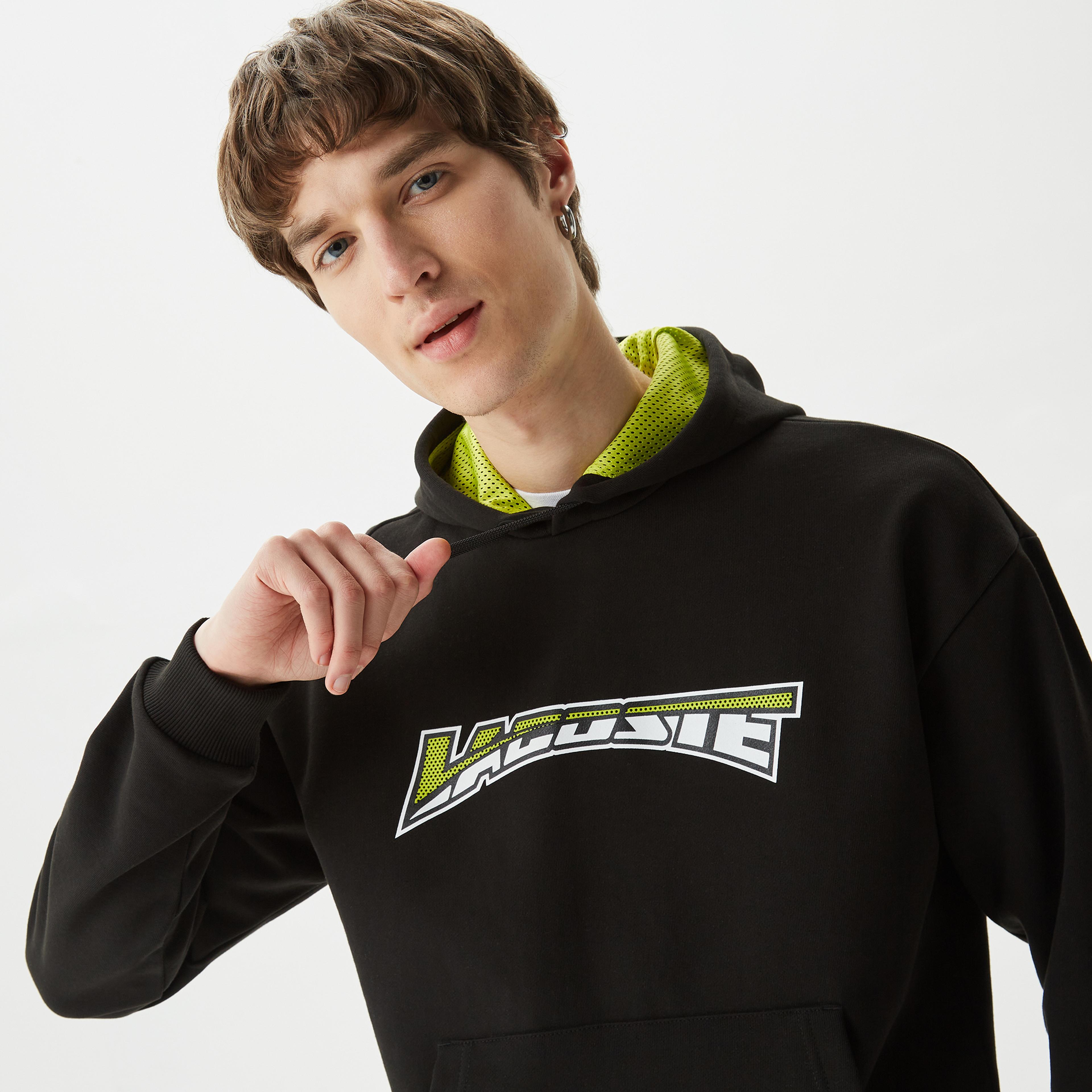 Lacoste Erkek Relaxed Fit Kapüşonlu Baskılı Siyah Sweatshirt