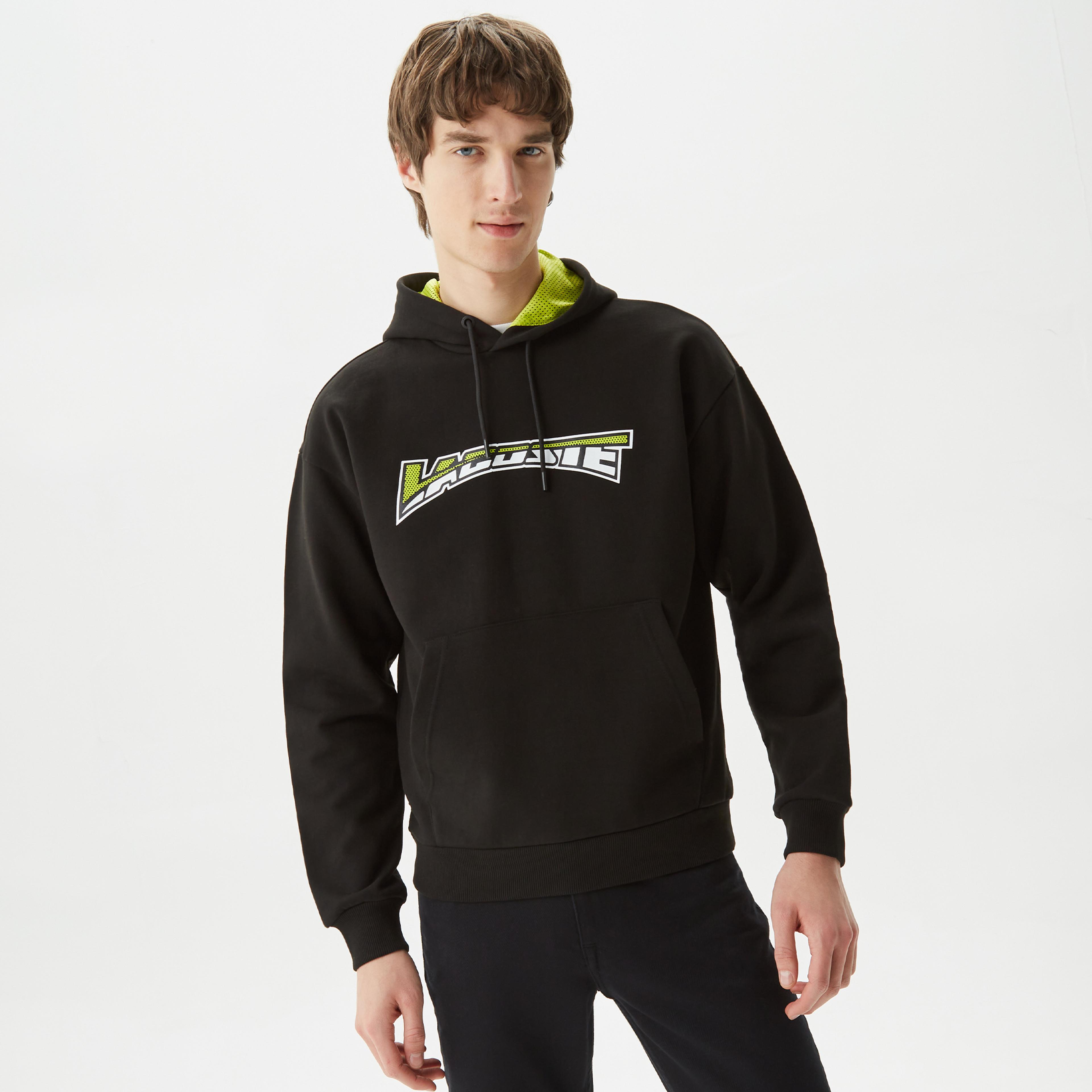 Lacoste Erkek Relaxed Fit Kapüşonlu Baskılı Siyah Sweatshirt