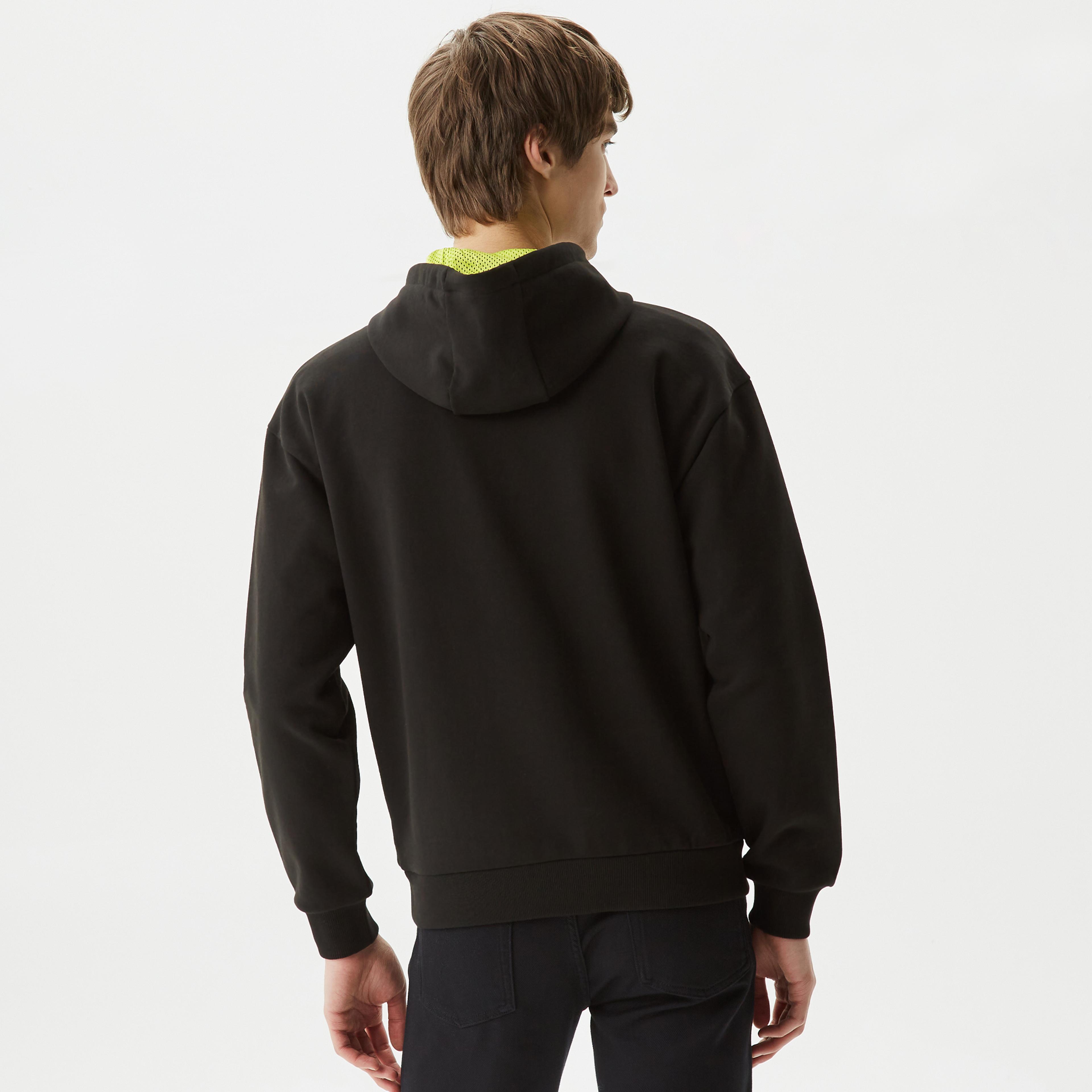 Lacoste Erkek Relaxed Fit Kapüşonlu Baskılı Siyah Sweatshirt