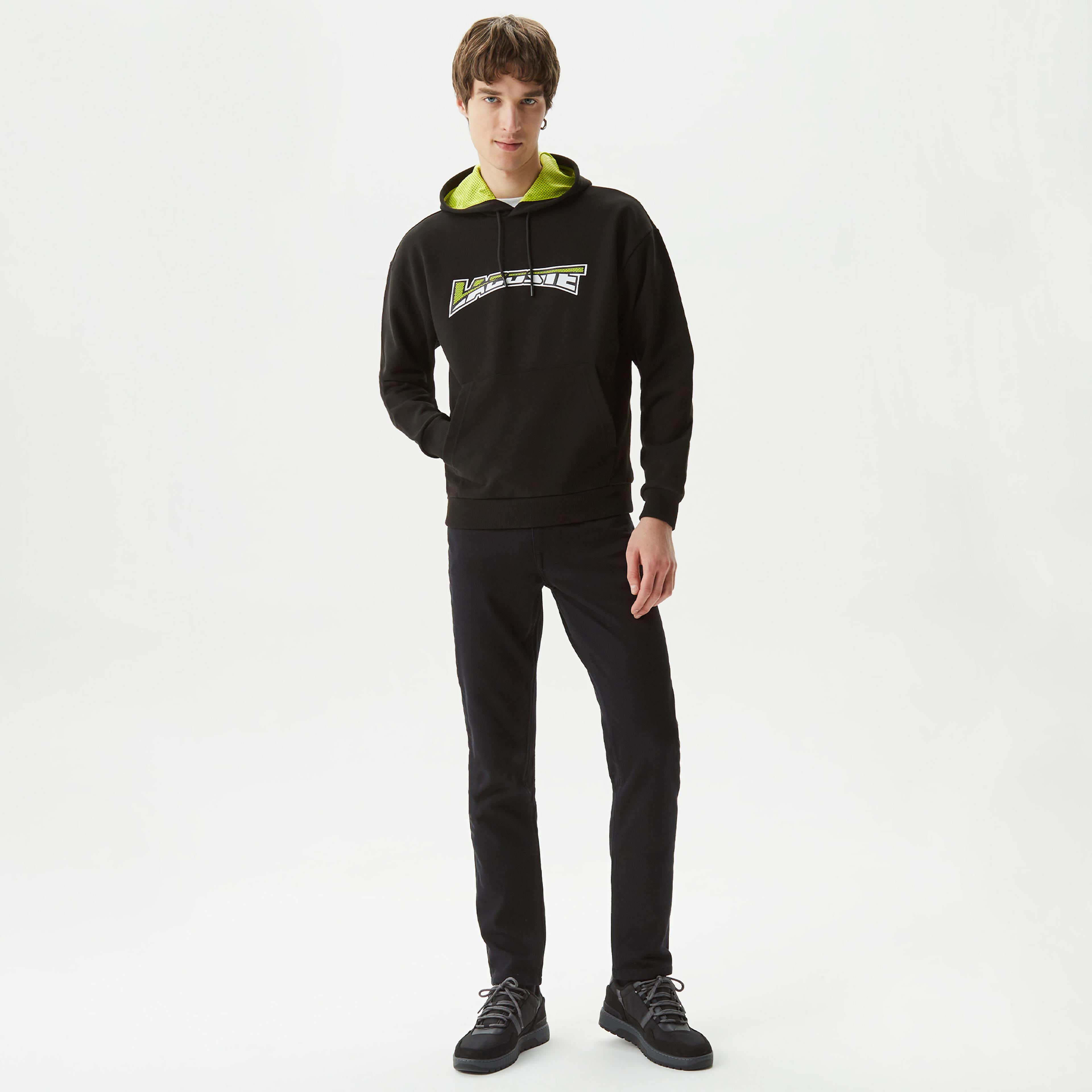 Lacoste Erkek Relaxed Fit Kapüşonlu Baskılı Siyah Sweatshirt