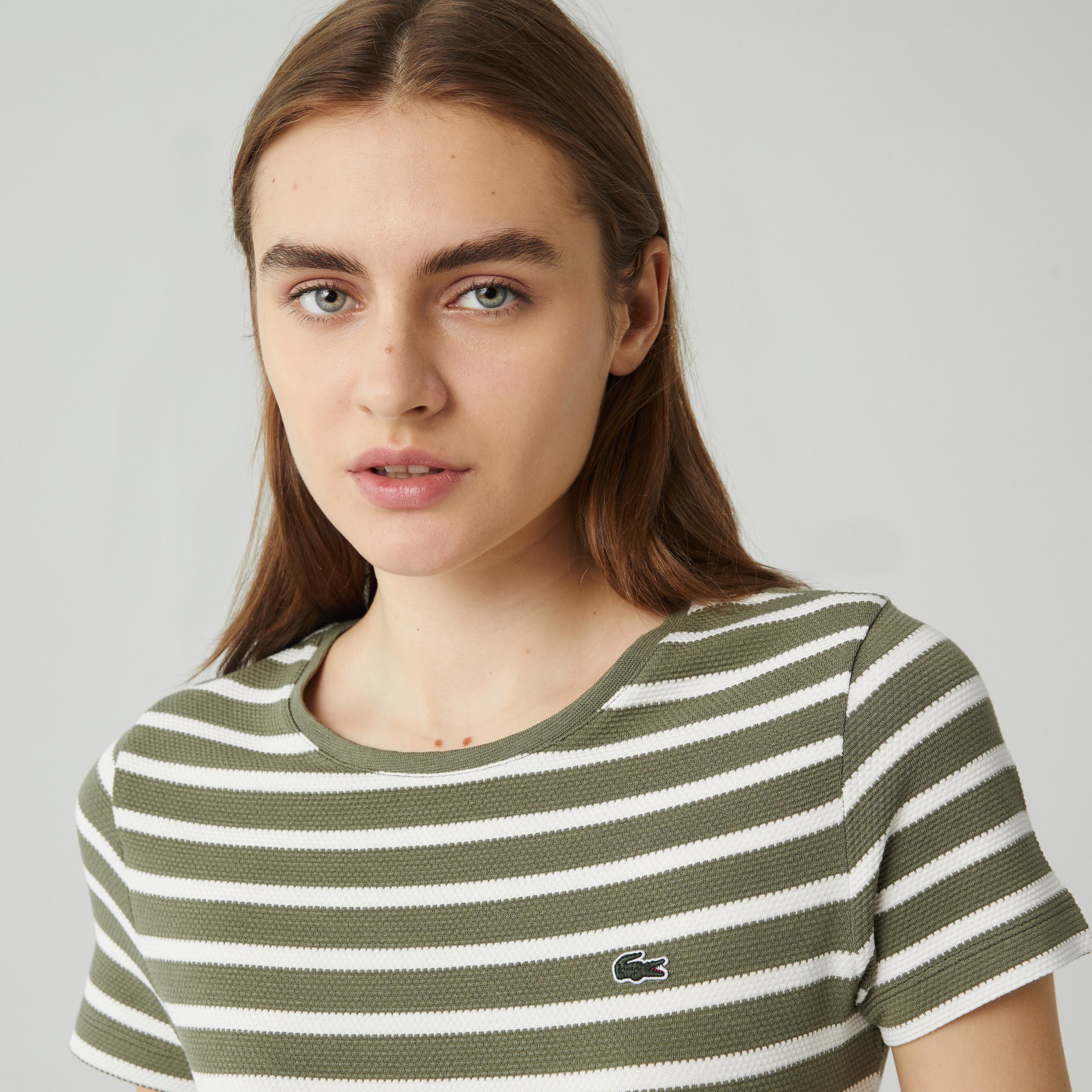 Lacoste Kadın Slim Fit Bisiklet Yaka Çizgili Haki T-Shirt