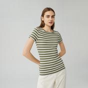 Lacoste Kadın Slim Fit Bisiklet Yaka Çizgili Haki T-Shirt