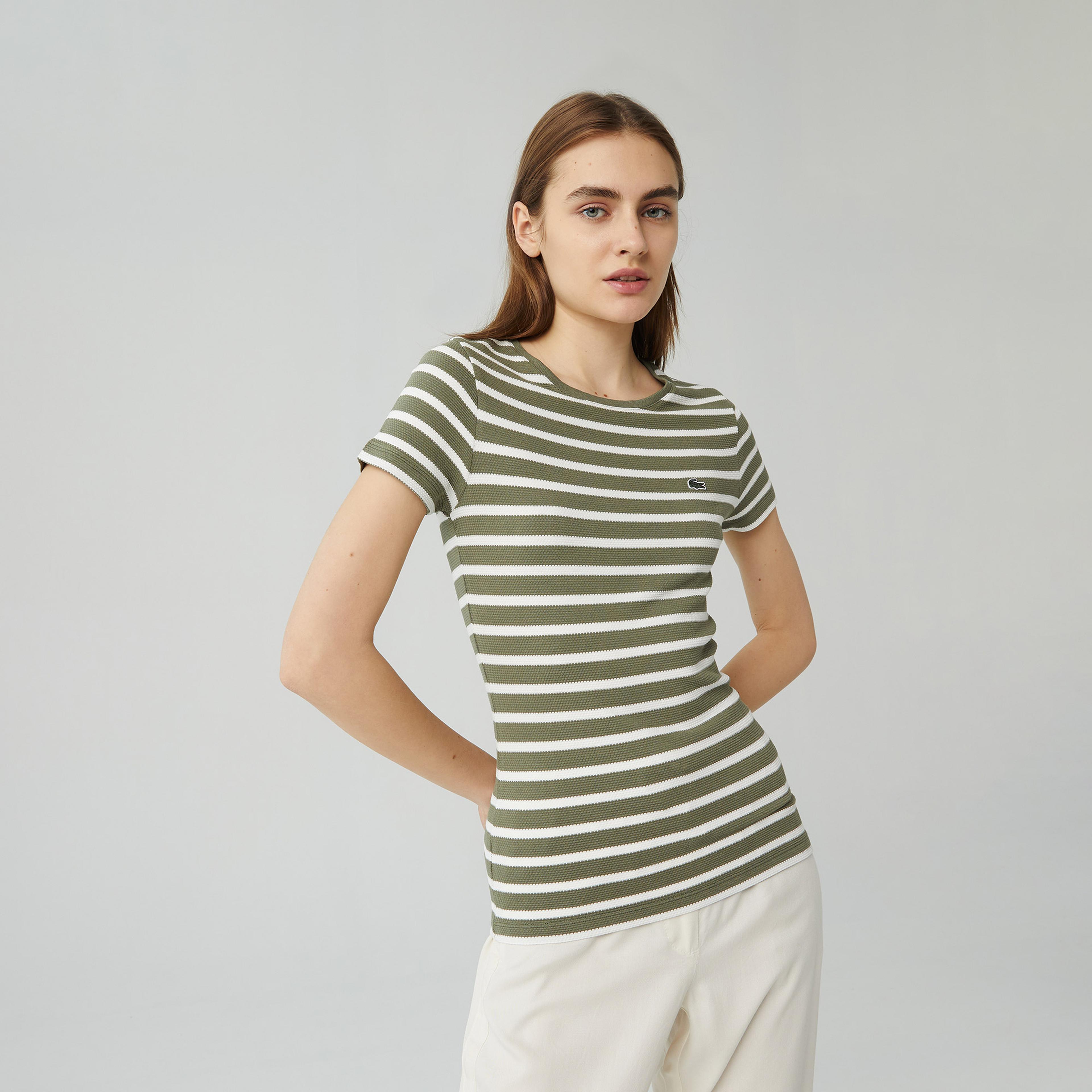 Lacoste Kadın Slim Fit Bisiklet Yaka Çizgili Haki T-Shirt