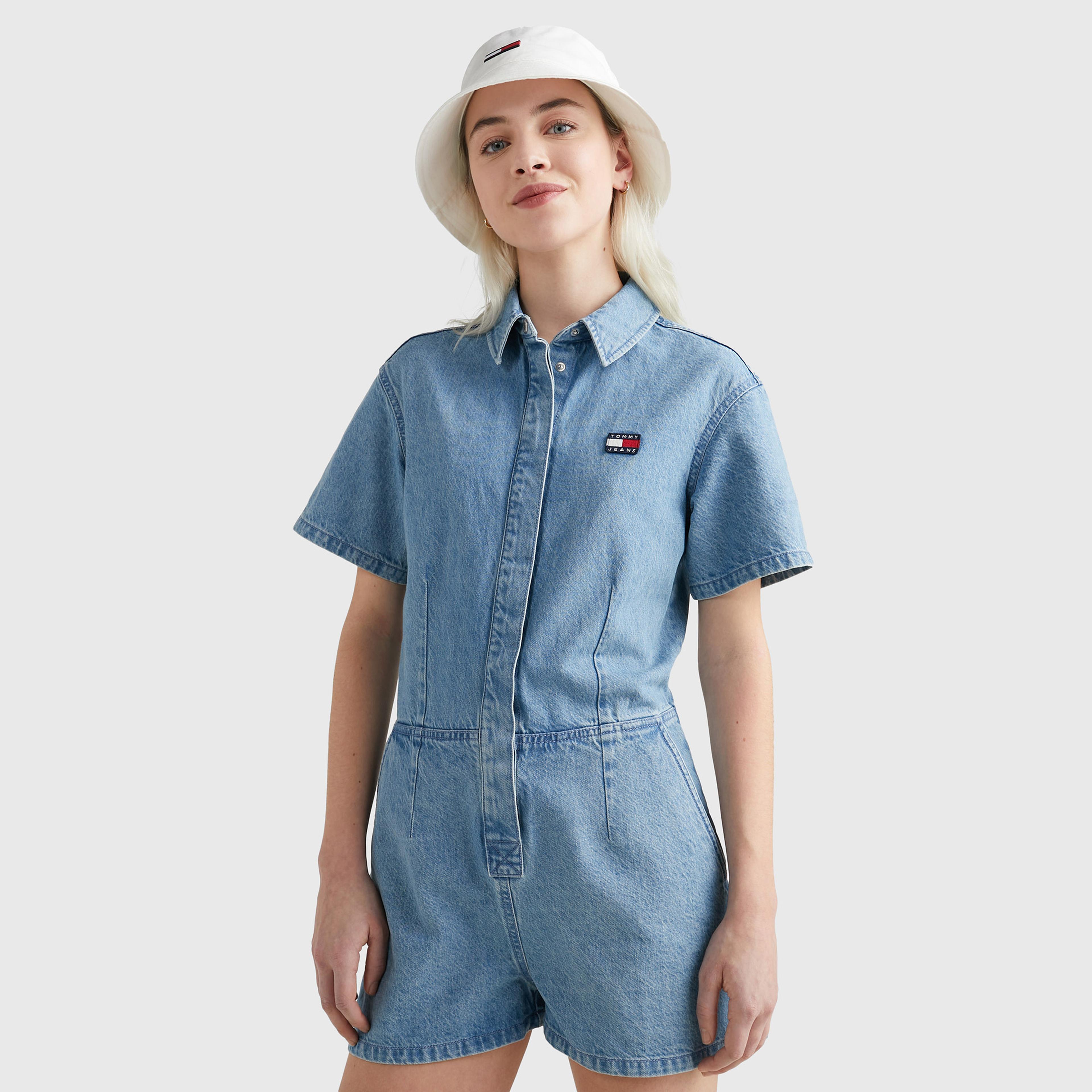 Tommy Jeans Badge Denim Playsuit Kadın Lacivert Tulum