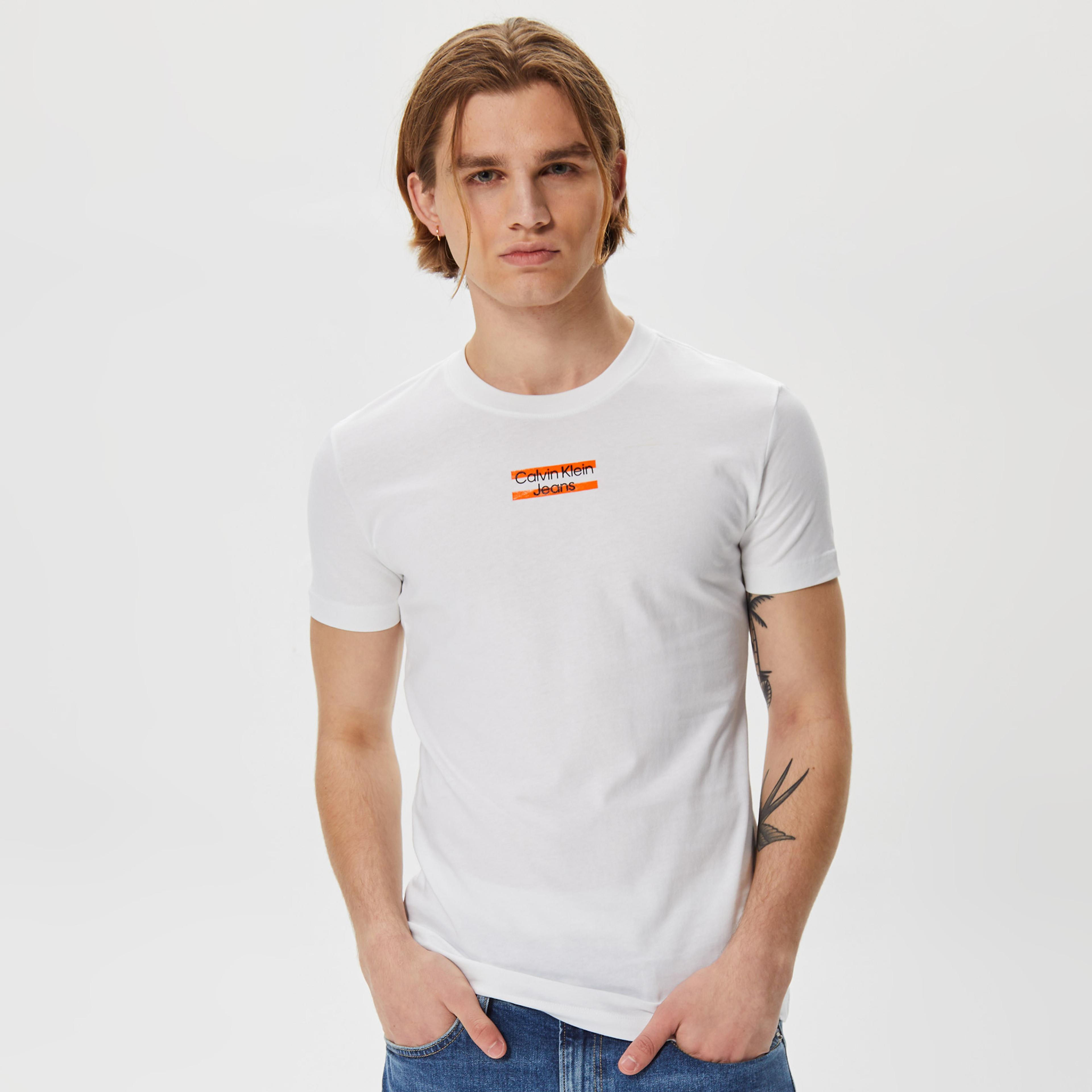Calvin Klein Jeans Transparent Stripe Logo Erkek Beyaz T-Shirt