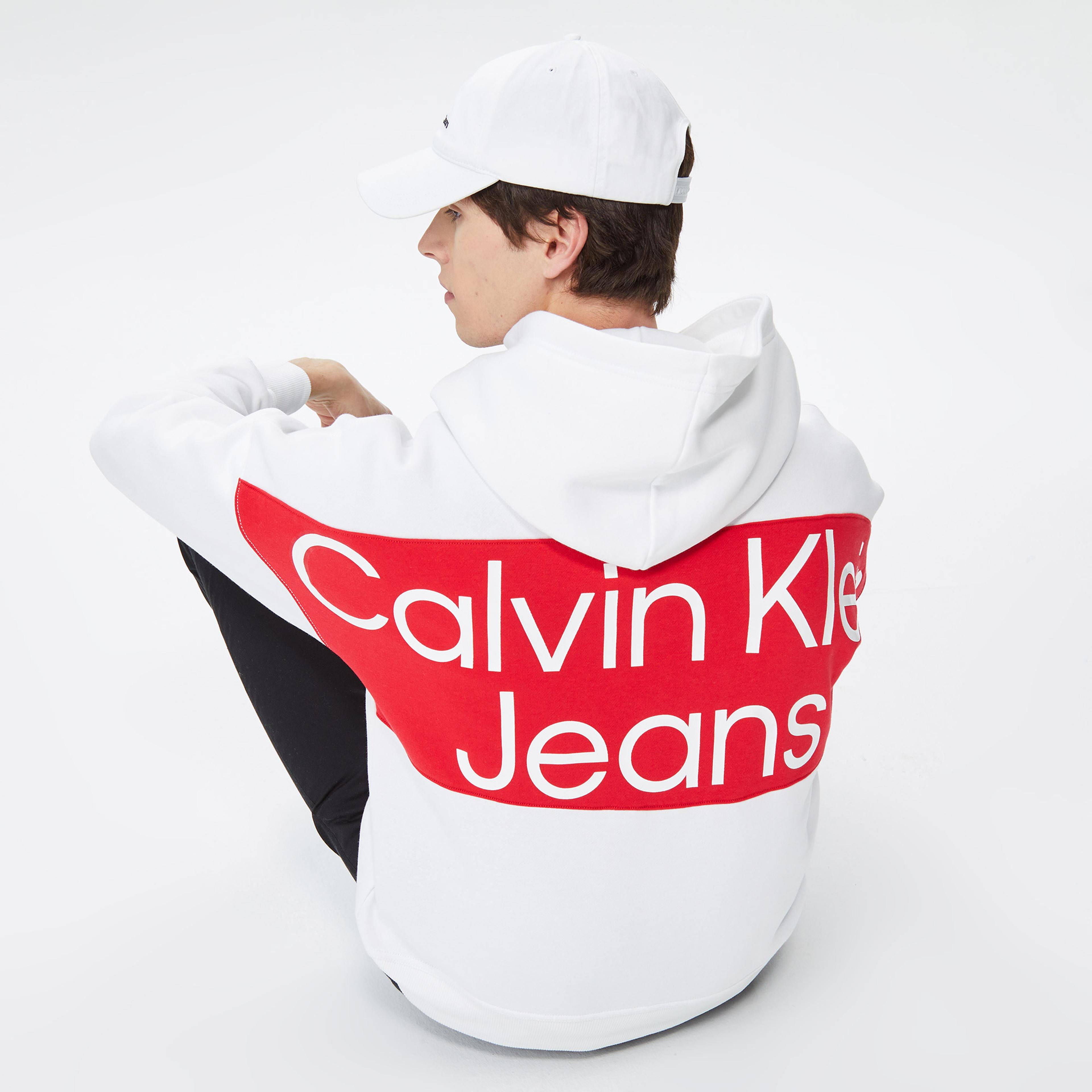 Calvin Klein Jeans Bold Logo Colorblock Hoodie Erkek Beyaz Sweatshirt