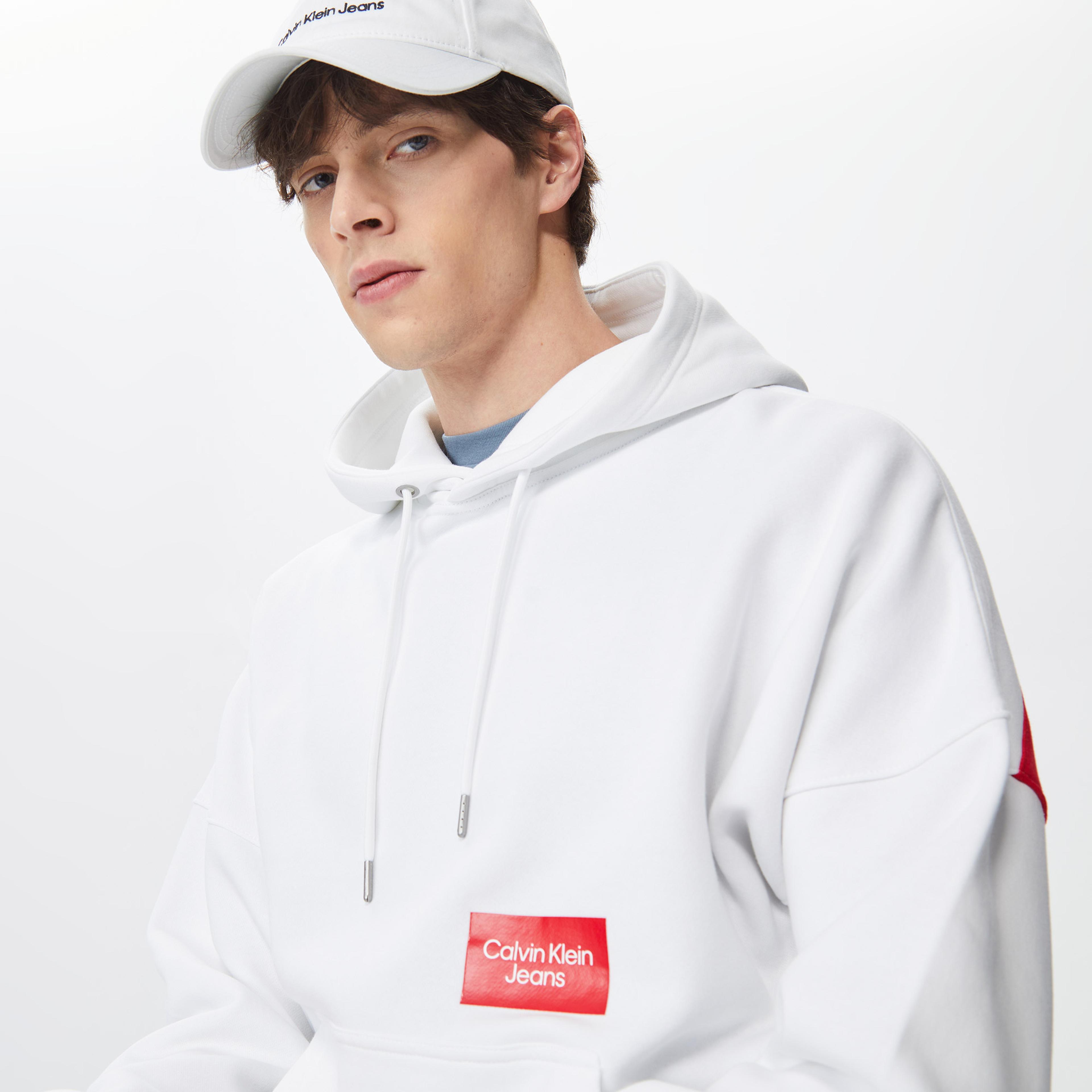 Calvin Klein Jeans Bold Logo Colorblock Hoodie Erkek Beyaz Sweatshirt