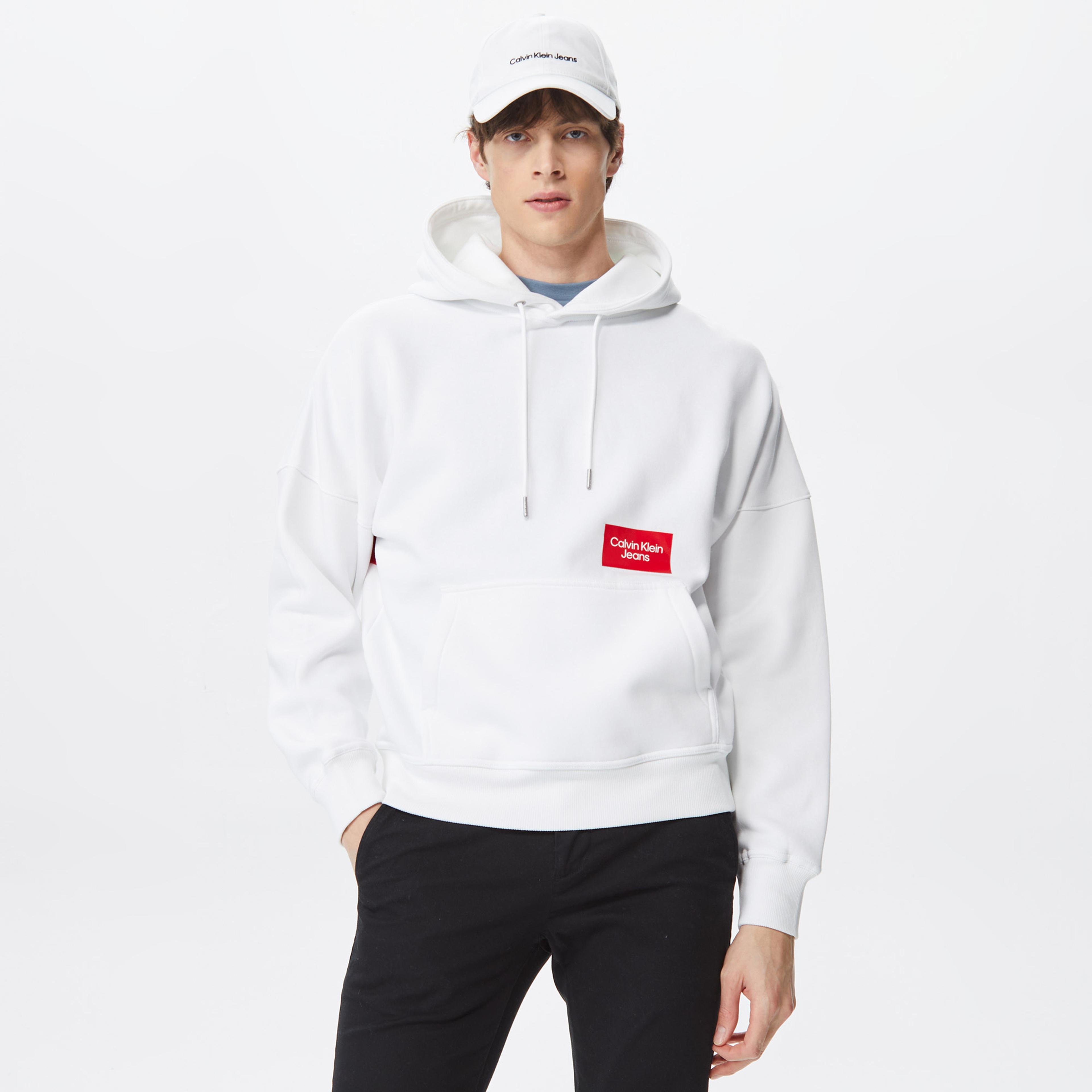 Calvin Klein Jeans Bold Logo Colorblock Hoodie Erkek Beyaz Sweatshirt