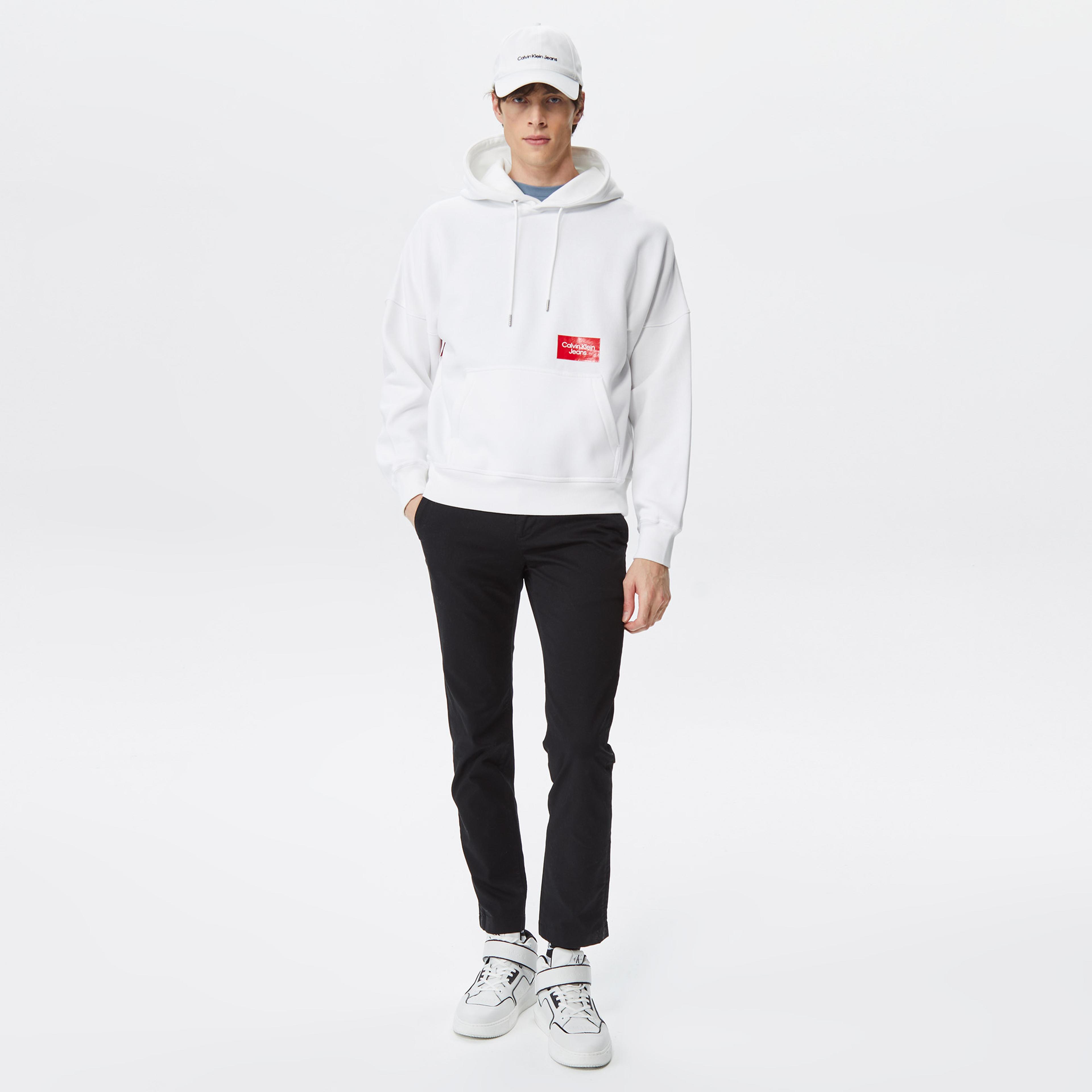 Calvin Klein Jeans Bold Logo Colorblock Hoodie Erkek Beyaz Sweatshirt