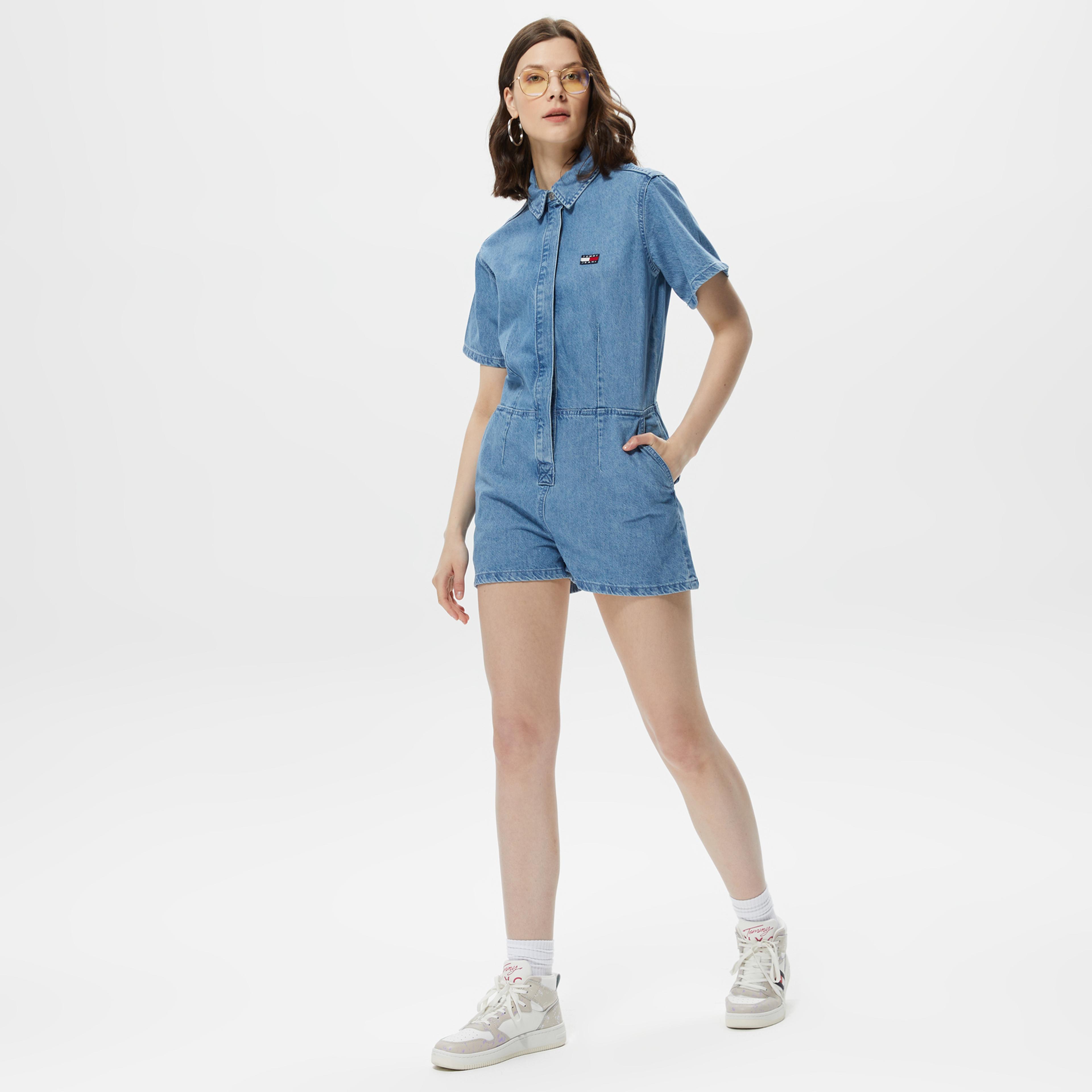 Tommy Jeans Badge Denim Playsuit Kadın Lacivert Tulum