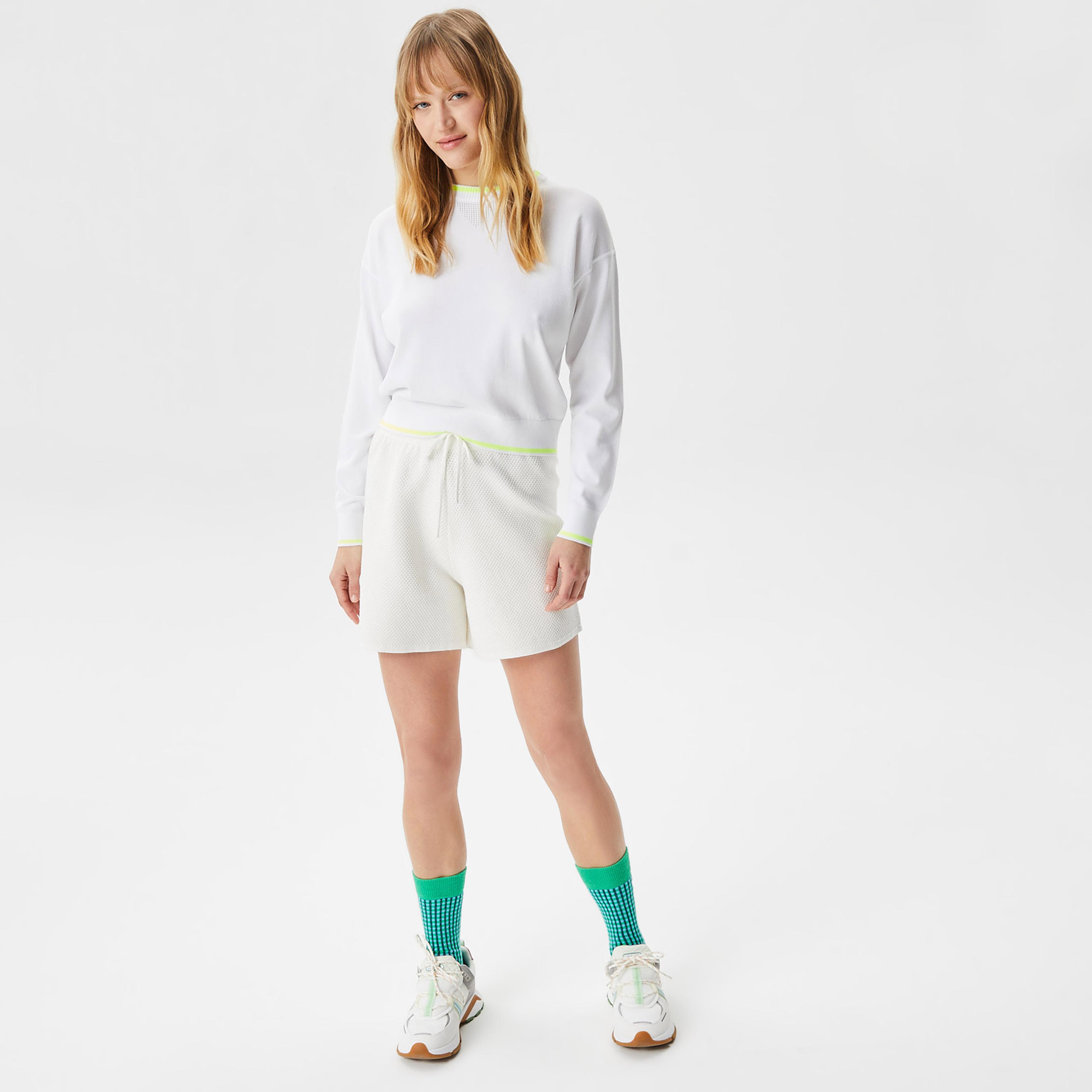 Lacoste Kadın Regular Fit Bisiklet Yaka Çizgili Beyaz Triko