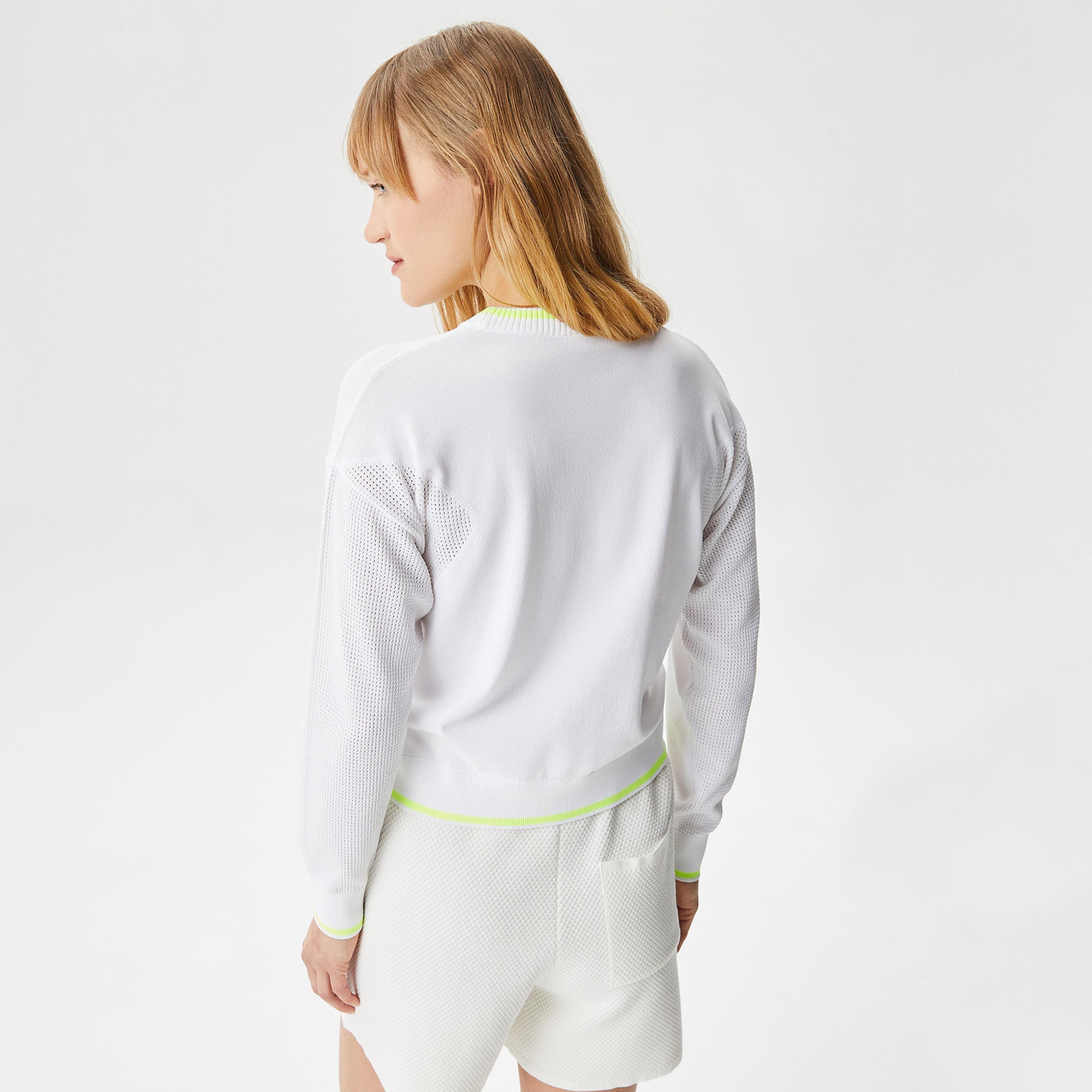 Lacoste Kadın Regular Fit Bisiklet Yaka Çizgili Beyaz Triko