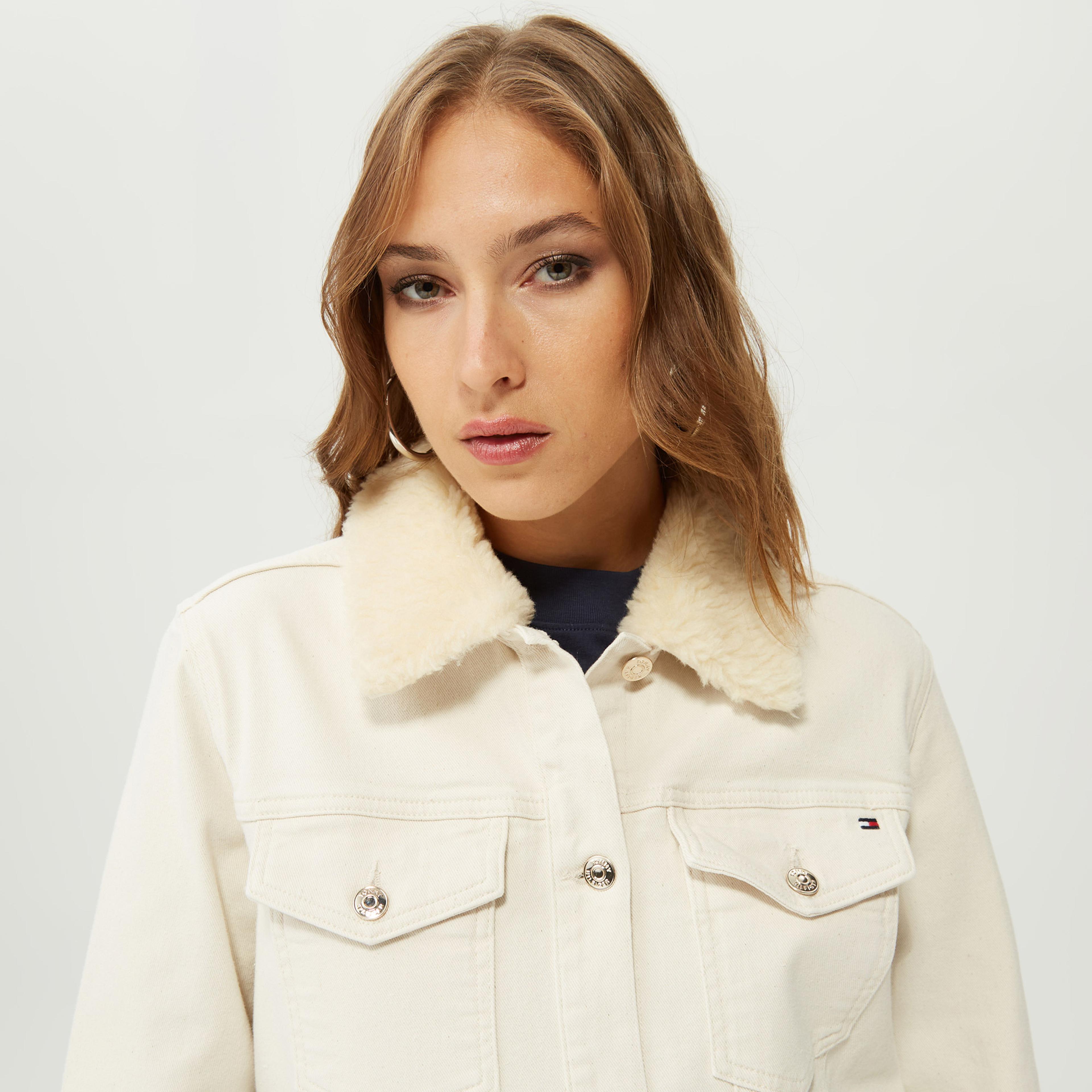 Tommy Hilfiger Denim Straight Teddy Kadın Krem Rengi Ceket