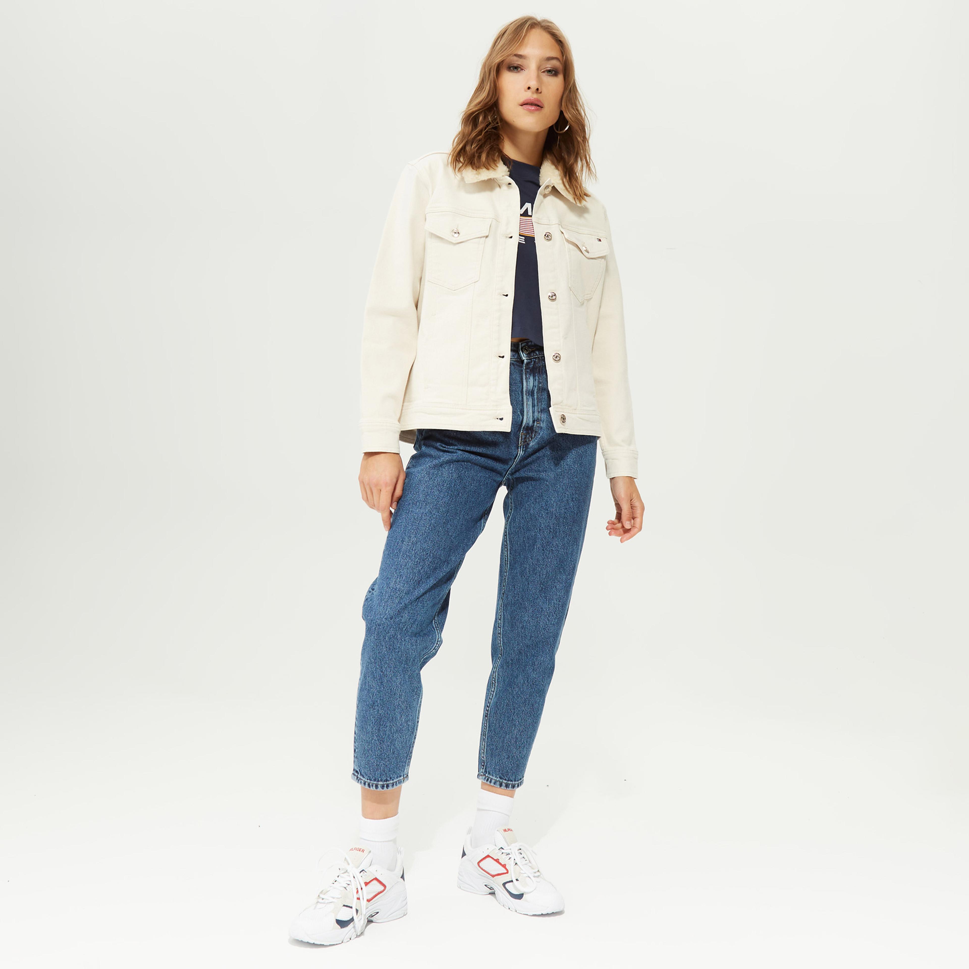 Tommy Hilfiger Denim Straight Teddy Kadın Krem Rengi Ceket