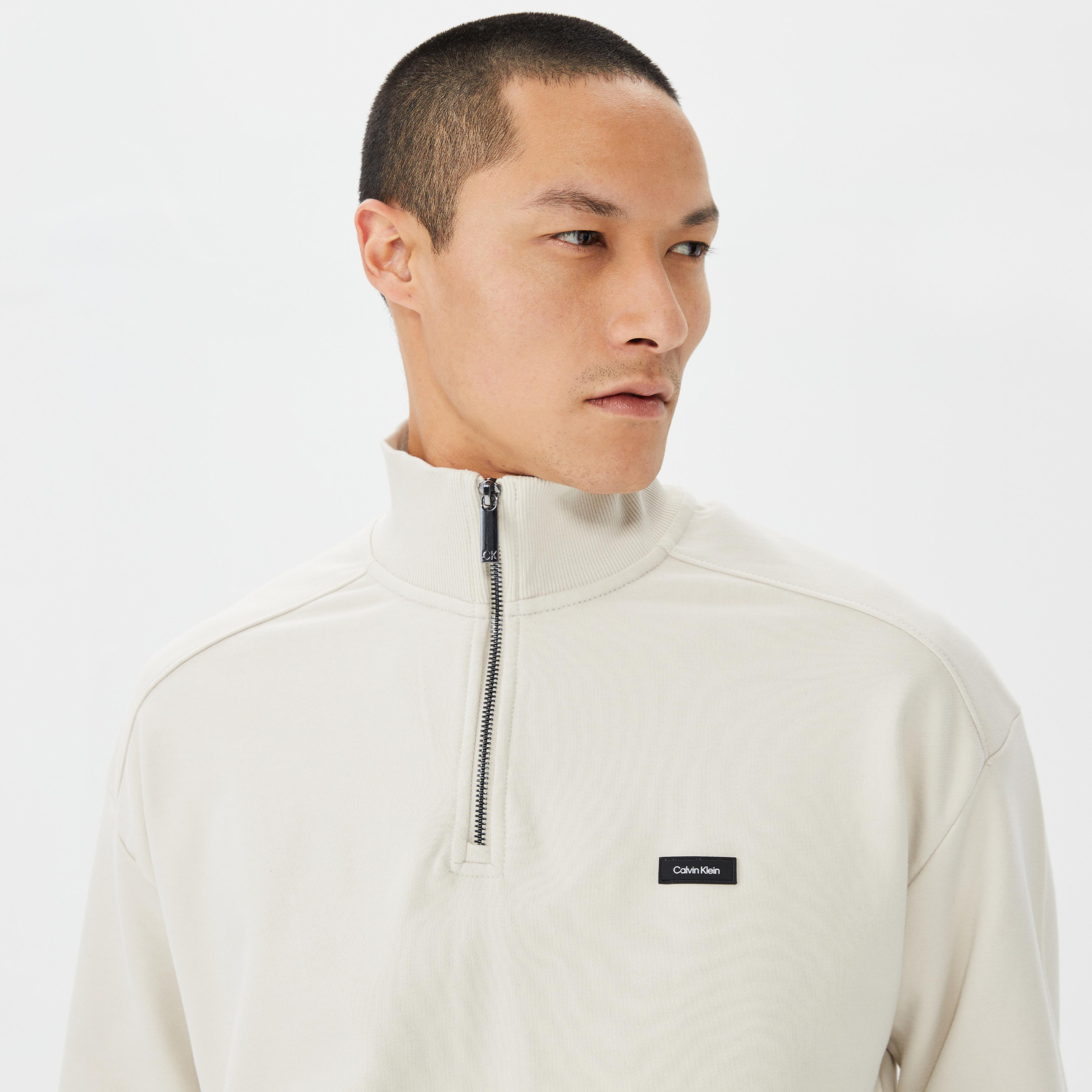 Calvin Klein Cotton Comfort Quarter Zip Erkek Bej Triko Sweatshirt