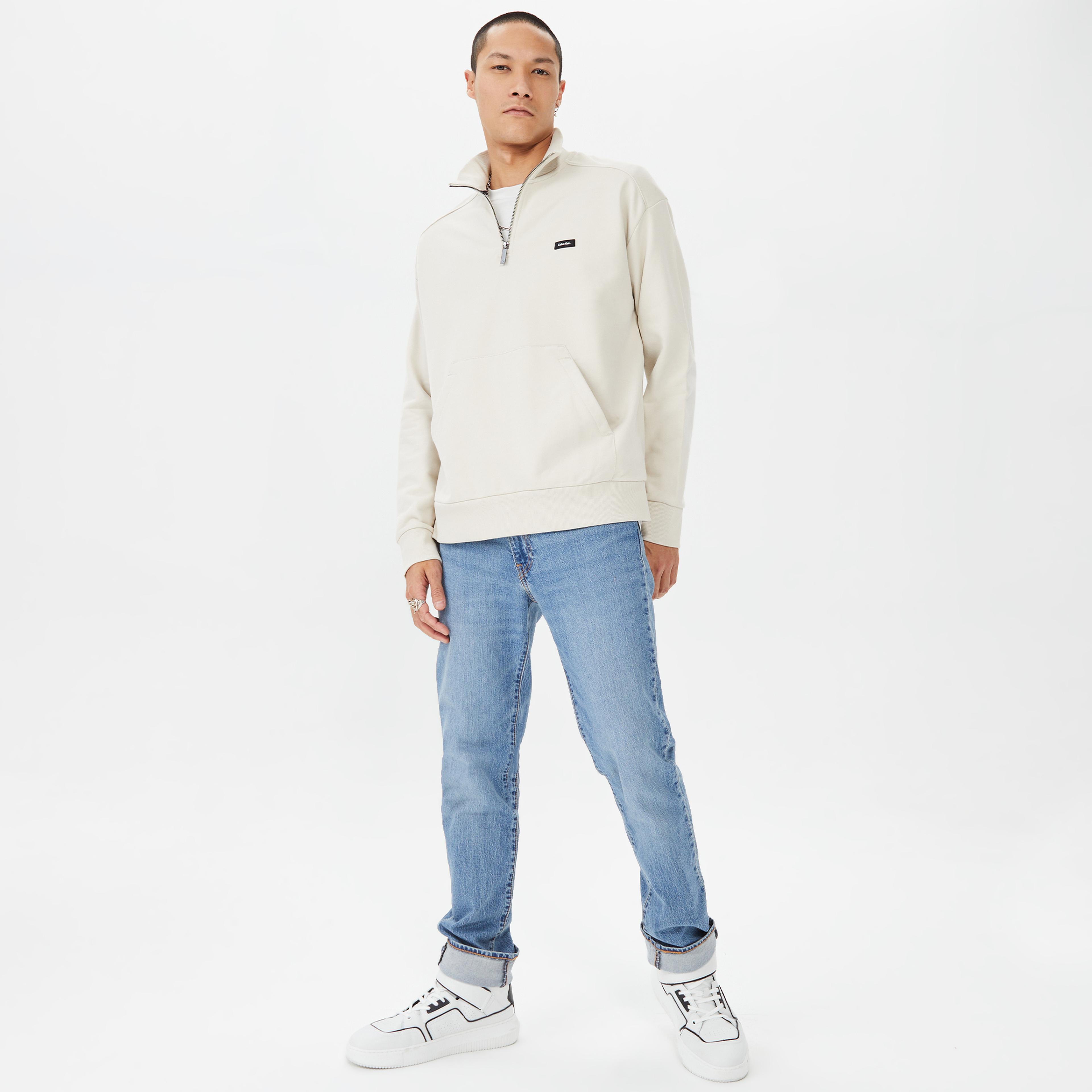 Calvin Klein Cotton Comfort Quarter Zip Erkek Bej Triko Sweatshirt
