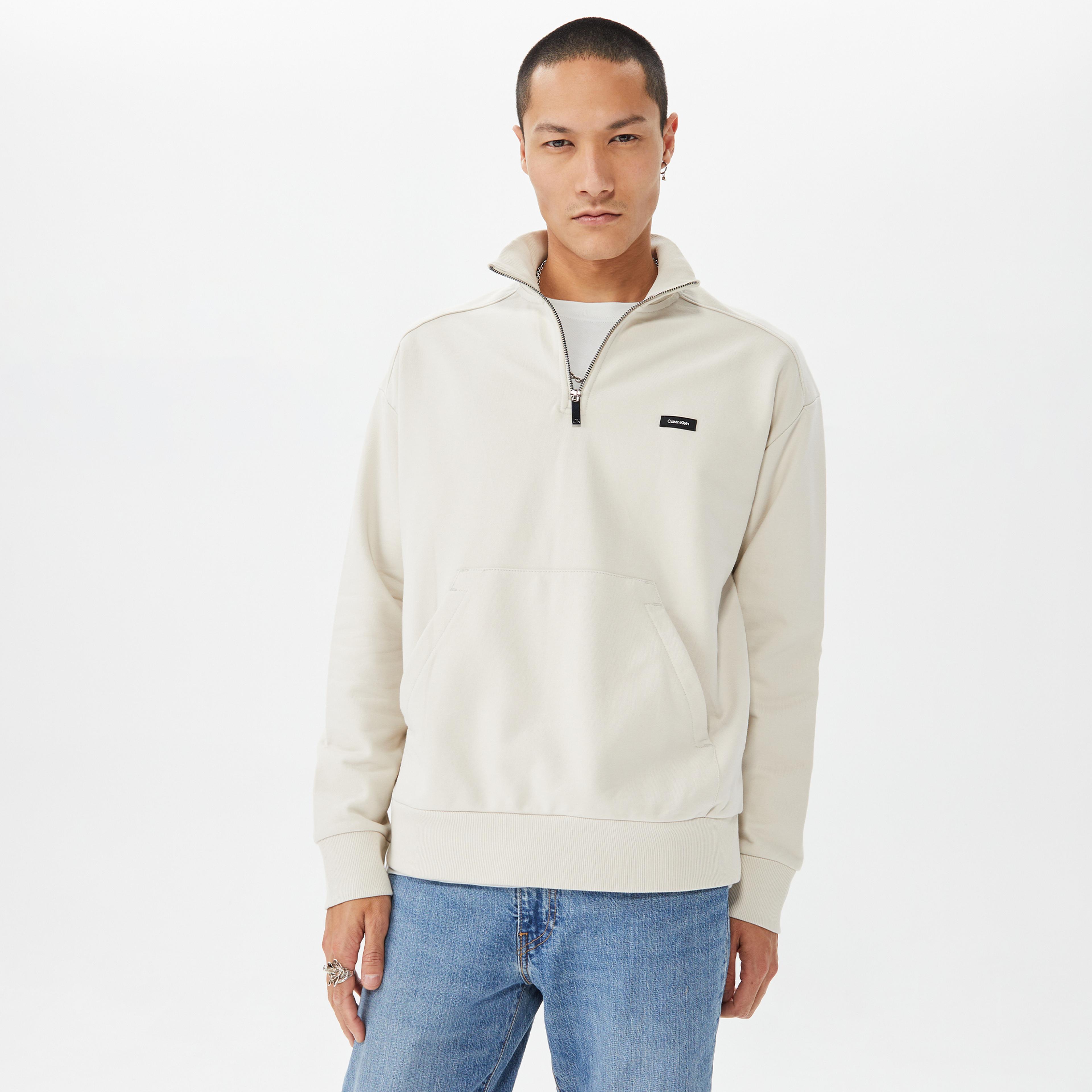 Calvin Klein Cotton Comfort Quarter Zip Erkek Bej Triko Sweatshirt