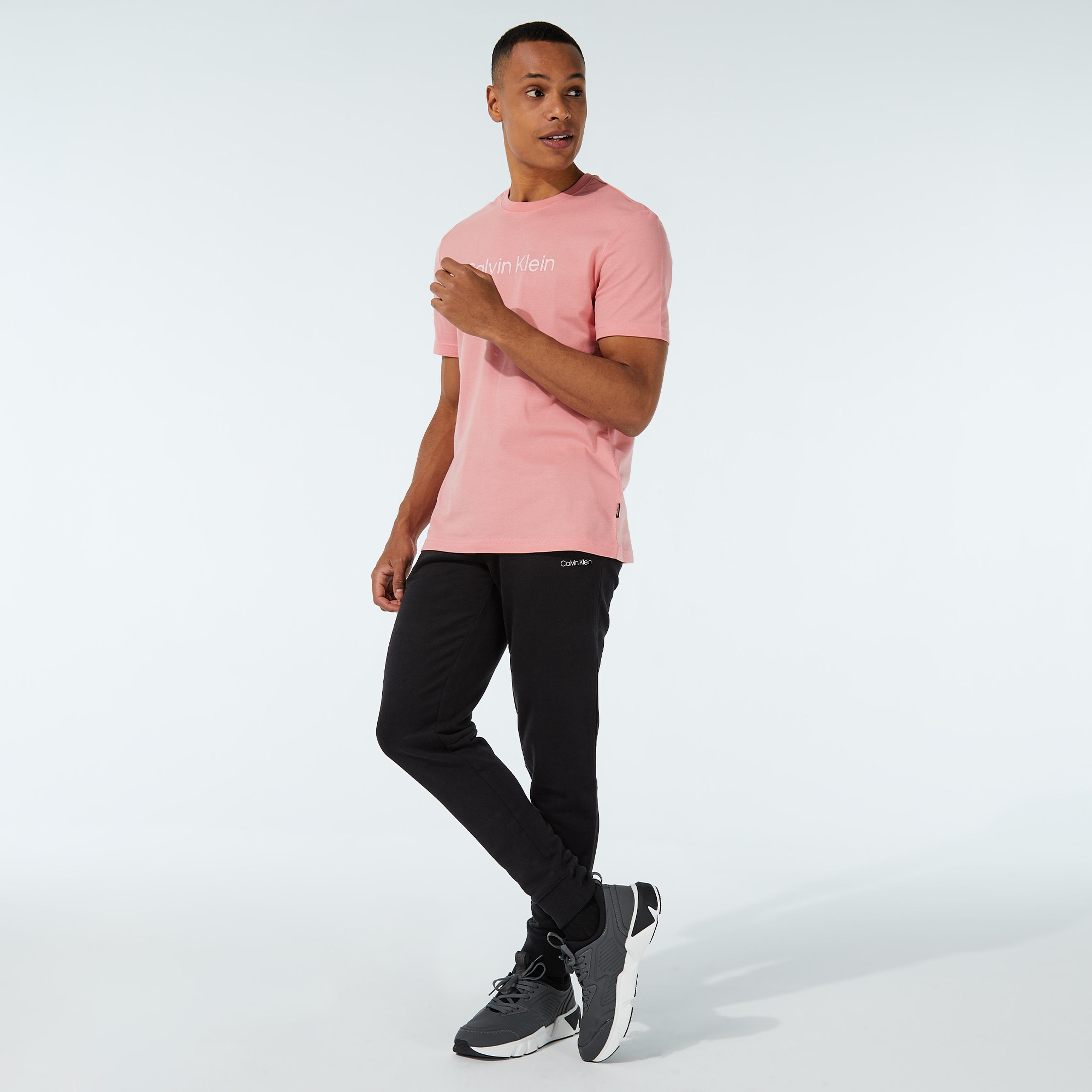 Calvin Klein Raised Striped Logo Erkek Pembe T-Shirt